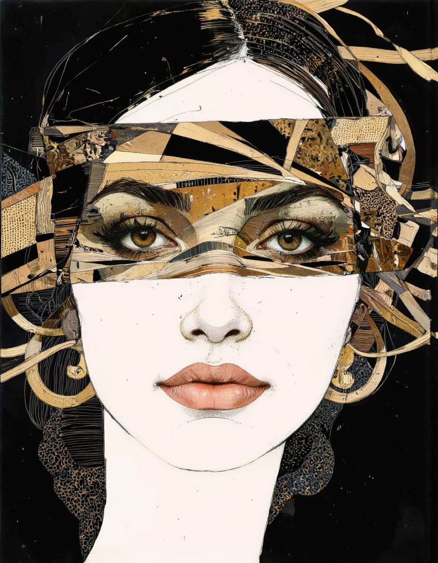 Tony Rodriguez style. The image is a digital artwork featuring a stylized portrait of a woman's face. The woman's face is depicted in a minimalist, abstract style with a focus on her lips, nose, and eyes, which are obscured by a swirling, abstract pattern of gold and black. The gold elements have a metallic, reflective quality, adding a sense of luxury and sophistication to the piece. The black areas are dark and textured, creating a striking contrast with the lighter areas. <lora:Tony_Rodriguez_7:0.85>