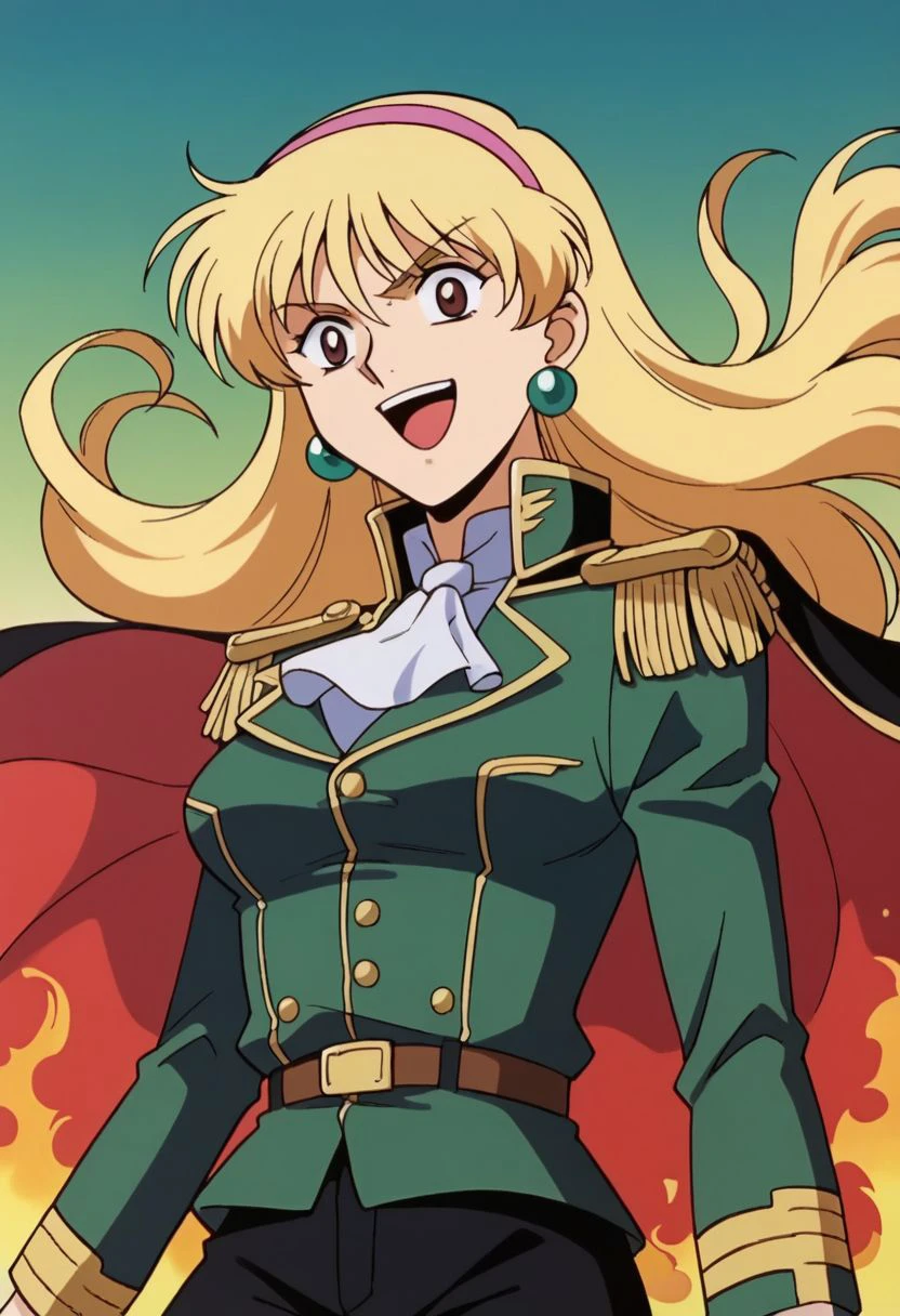 score_9, score_8_up, score_7_up, score_6_up, source_anime, anime coloring, retro artstyle, 1990s \(style\), BREAK 1girl, solo, katejina loos, blonde hair, long hair, pink hairband, brown eyes, medium breasts, earrings, BREAK military uniform, jacket, long sleeves, epaulettes, ascot, black pants, boots, crown, cape, BREAK looking at viewer, cowboy shot, (gradient background filled with fire, outstreched arm, shaded eyes, wide-eyed, evil smile, frown, open mouth, floating hair, floating cape), from below, (upper body), BREAK 4KUHD, (masterpiece, best quality, highly detailed, absurdres), <lora:katejina_gdmv_pony:0.8>