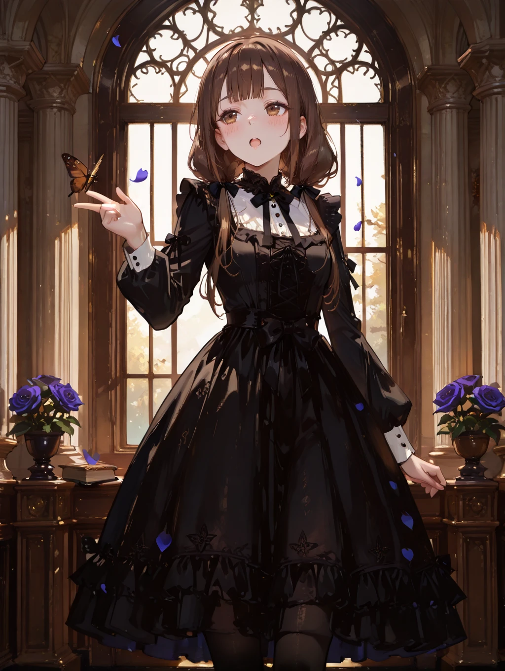 perfect quality,high quality,masterpiece,best quality,amazing quality,very aesthetic,absurdres,Cinematic Lighting,newest,Tactical use of shadow,
1girl,solo,brown hair,long hair,bangs,blunt bangs,twintails,low twintails,brown eyes,IinoMikoCYQL,,
dress,blackdress,flower,purplerose,rose,purpleflower,lolitafashion,frills,openmouth,petals,gothiclolita,longsleeves,handonownchest,outstretchedarm,lolitapantyhose,frilleddress,lookingatviewer,blush,whiterose,indoors,blackwhiteflower,standing,bow,arch,v-shapedeyebrows,book,rosepetals,blackpantyhose,pillar,ribbon,blackflower,widesleeves,dutchangle,:o,blackrose,floatinghair,layereddress,smile,frilledsleeves,veryfallingpetals,paper,butterfly,bluerose,blueflower,scenery,outstretchedhand,reaching,blackbow,window,handup,
<lora:spo_sdxl_10ep_4k-data_lora_webui:0.5>,<lora:illustrious_all_rated_v1:0.6>,<lora:748cmSDXL:0.8>,748cmstyle,<lora:DarkerThanBlackIllustrious:0.5>,<lora:EtherSDXL:0.5>,EtherStyle,,<lora:lora.by_tusi:1>,