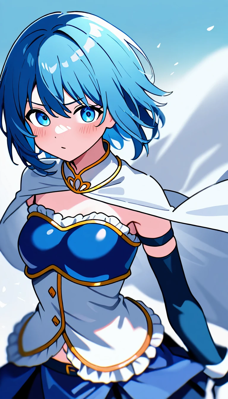 (White background:1.2),1girl,BREAK,Blue Hair, short hair, blue eyes, cute, Narrow waist, small, Toned Up, Large Breasts, Bare shoulders, Red neckerchief, Blue elbow gloves, Blue fingerless gloves, Pauldrons, belt, breastplate, White headband, Short dress, Dress slit, Blue tight boots, Blue long boots, Pegasus Knight Uniform (Fire emblem), low length,blush,Scared,distress,Open your mouth,(Her skirt is lifted up and her panties are visible,Blue and white striped panties:1.3)