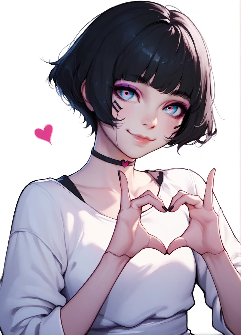 <lora:CPER_Sasha-PONY:0.7> 1girl, solo, cpsasha, makeup, white dress, short dress, long sleeves, black choker, heart hands, smile, android, short hair, black hair, multicolored eyes, white background, score_8_up, score_7_up, score_6_up, score_5_up, score_4_up,