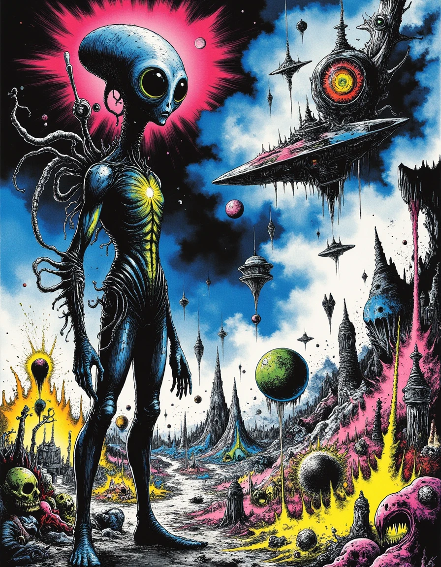 cr3z1h0rr0r An alien warrior standing on the battlefield of a distant planet. The alien wears intricate armor made of unknown materials, glowing with energy patterns. The sky is filled with swirling clouds and massive alien ships hovering above, ready to strike
<lora:Crazy_Horror:0.7>