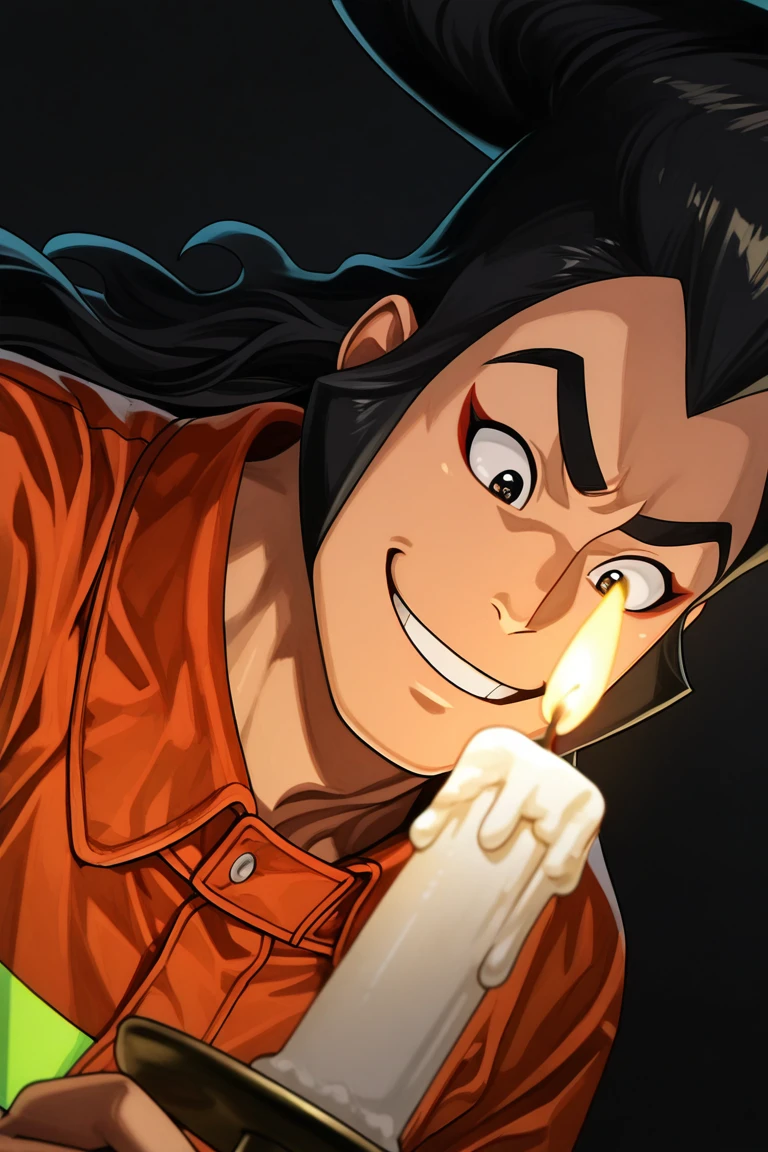 realistic shading, dark environment, dim lighting, looking down at candle, expressive happy face, kouzuki oden, black-bluish green_kouzuki oden_male long hair, black_kouzuki oden_eyes, red_kouzuki oden_makeup, 1boy, parted lips, smiling, shiny skin, holding, firefighter cosplay, orange firefighter uniform, armband, dark room, eye reflection, simple plain black background, dutch angle, dynamic angle, intricately detailed illustration, depth of field, masterpiece, best quality, amazing quality, very aesthetic, absurdres, newest, anime screencap