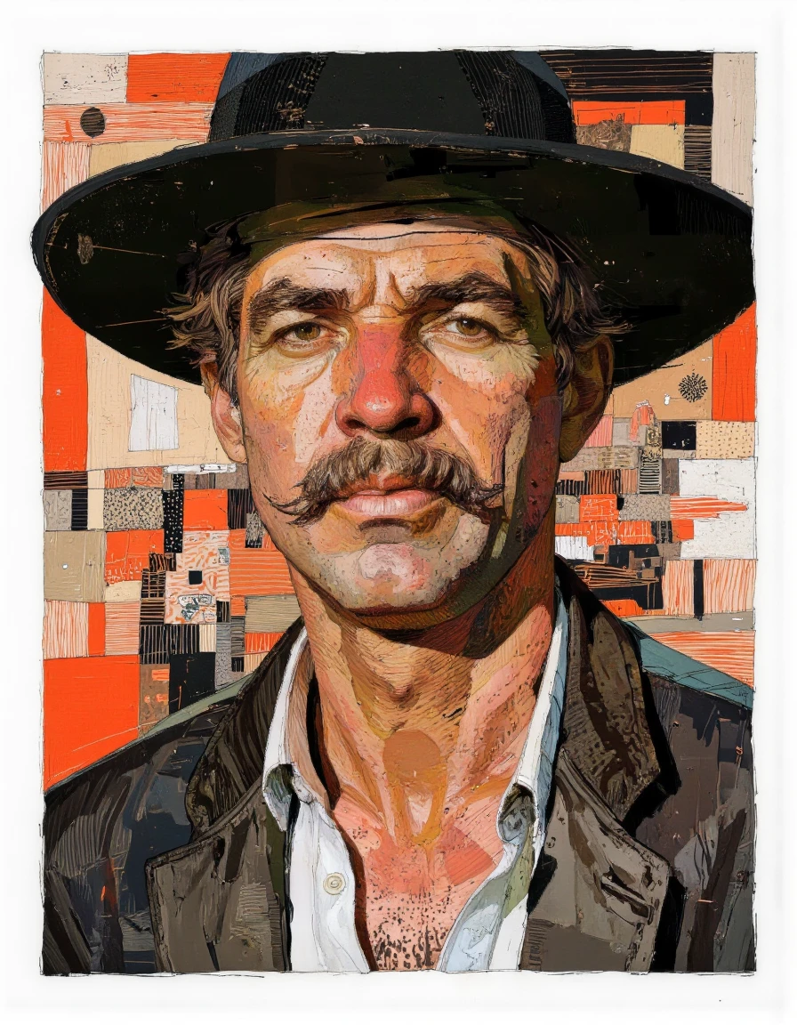 Tony Rodriguez style. This image is a digital drawing in a semi-realistic, abstract style. It depicts a close-up portrait of a middle-aged man with a rugged, weathered appearance. His skin tone is a mix of warm earthy tones, with shades of brown, red, and orange, giving a sense of age and exposure to the elements. He has a prominent, bushy mustache that contrasts with his skin tones, and his eyes are depicted in a realistic manner, with a penetrating gaze. The man is wearing a black hat, which casts a shadow over his face, adding to the ruggedness of his appearance. His clothing is minimalistic, with a white shirt visible at the collar and a dark jacket sleeve peeking out on the right side. 
The background is a chaotic mix of geometric shapes, lines, and colors, primarily in shades of orange, red, and black, which creates a sense of depth and movement. The abstract elements add texture and contrast to the portrait, making it stand out against the busy background. The overall style is dynamic and expressive, capturing the essence of a tough, determined individual. The image is framed with a white border, which contrasts with the rich, vibrant colors within the drawing. <lora:Tony_Rodriguez_7:0.8>