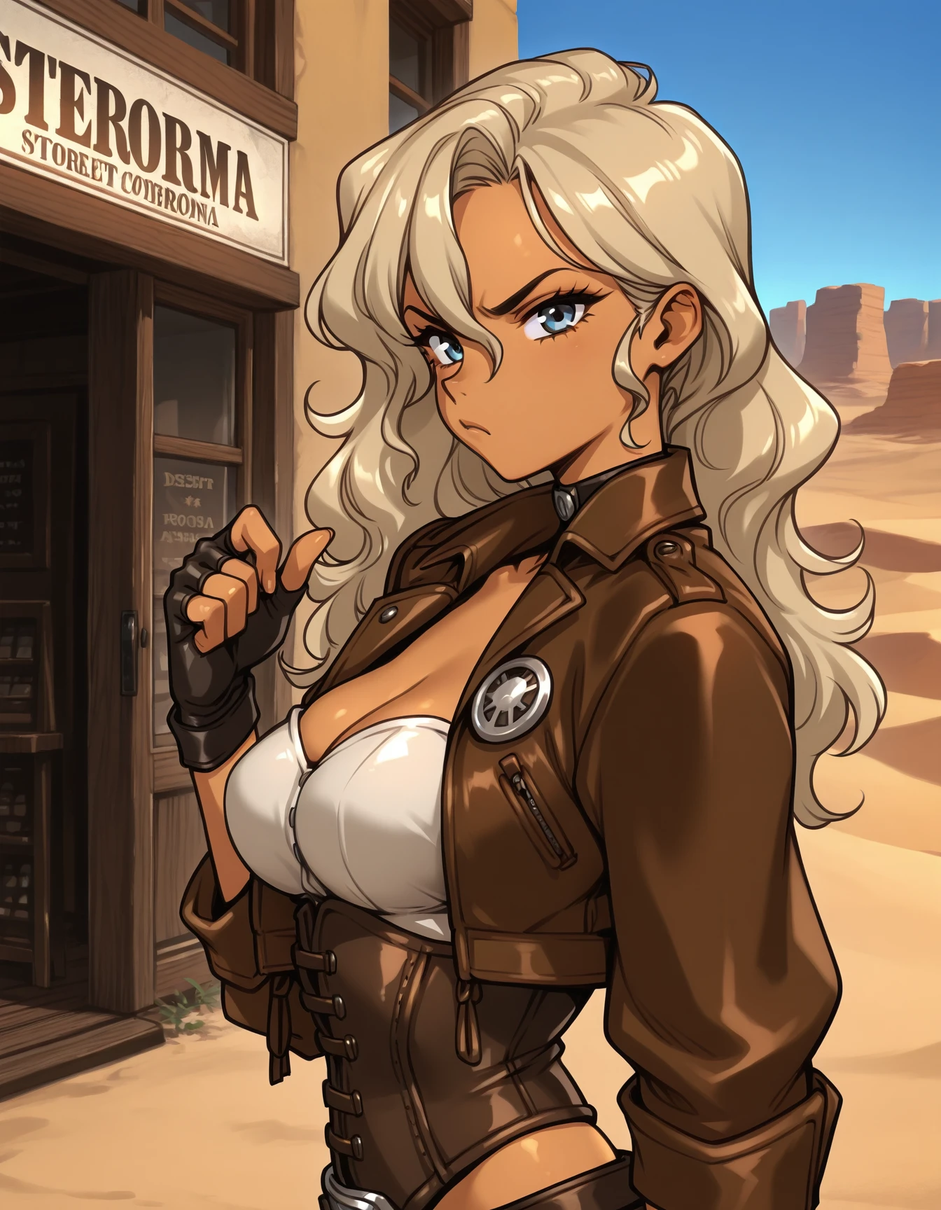 <lora:juliona-trans-v2-illustrious-000040:0.8> jul1i0na, cropped jacket, corset, fingerless gloves, 1girl, storefront, desert, from side, looking at viewer, annoyed, upper body