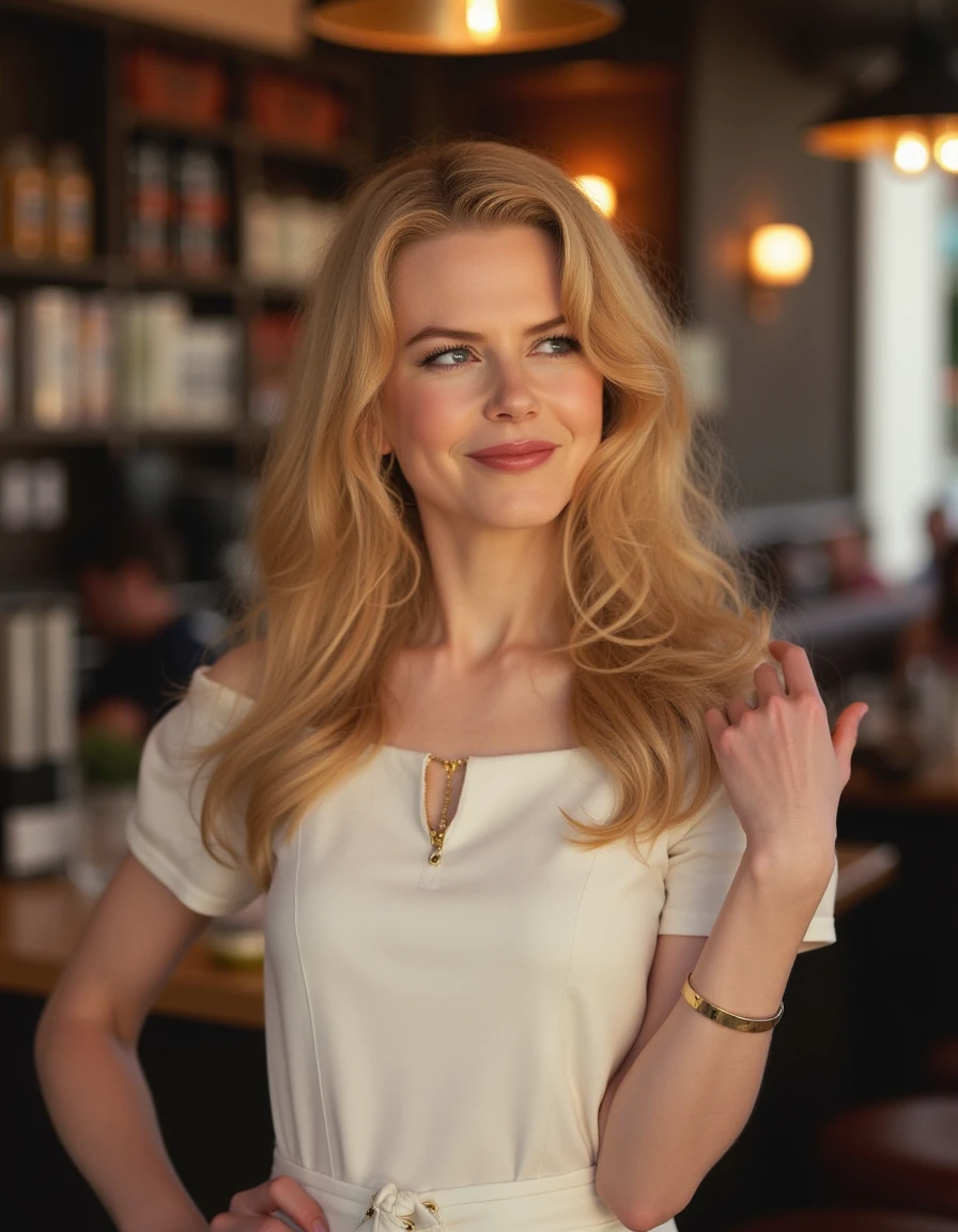 <lora:Nicole_Kidman_Flux:1.1> This is a beautiful photograph of a woman, blonde hair styled in loose waves that fall past her shoulders. She is wearing a boatneck dress. Standing in a cafe hand on hip. Looking at the viewer. Smile.