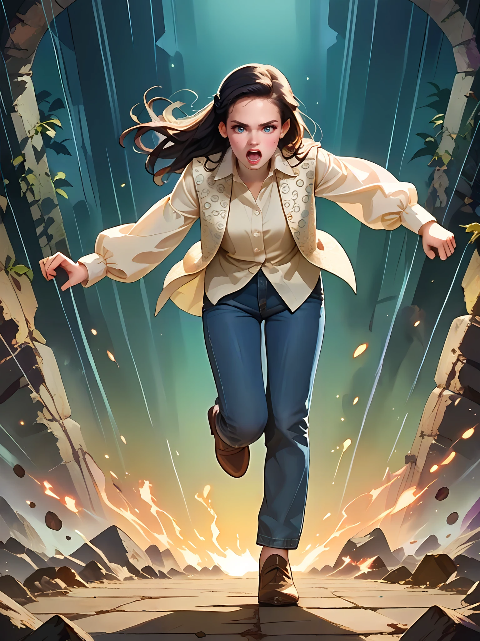 <lora:Retro_Noir_Anime_Style_-_Artstyle__PDXL:1> p4int3dn0ir art style, score_9, score_8_up, score_7_up, score_6_up, action pose, screaming, chased by goblins,
<lora:Sara_Williams_-_Labyrinth:0.8> labyrinth_sara_williams, 1girl, solo, black hair, long hair, white shirt, long sleeves, puffy sleeves, white vest, patterned fabric, jeans, leather shoes