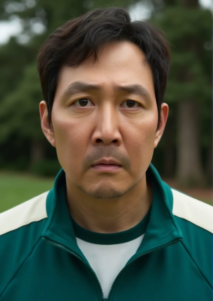 A front view photo of Player456, wearing green jacket, looks serious, bokeh, professional photo, nature background