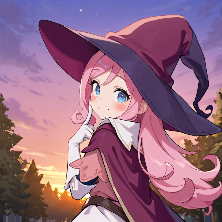 masterpiece, very aesthetic, absurdres, best quality, amazing quality, high resolution, <lora:illustrious_quality_modifiers_masterpieces_v1:0.8> , <lora:ChamIllustriousBackgroundEnhancer:0.5>, solo, <lora:PamelaIL:0.7> , pamdef, 1girl, pink hair, long hair, blue eyes, witch hat, witch outfit, white skirt, white elbow gloves, cape, blush stickers, smile, looking at viewer, evening, trees, ((face, close-up)), portrait