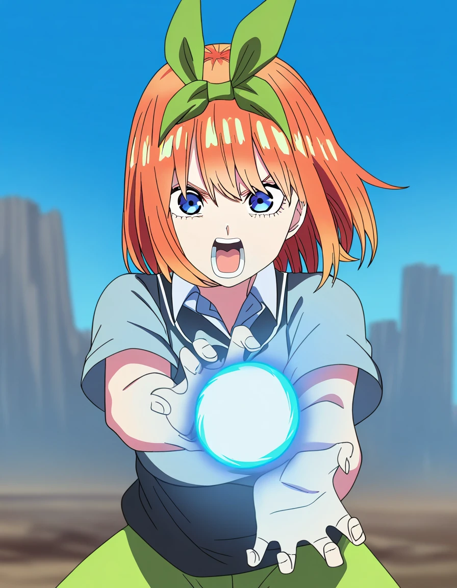 masterpiece, best quality, newest, absurdres, highres, safe,, <lora:yotsuba-nakano-s2-ponyxl-lora-nochekaiser:1>, yotsuba nakano, bangs, short hair, blue eyes, hair between eyes, hair ribbon, hairband, orange hair, green ribbon, large breasts, <lora:kamehameha-illustriousxl-lora-nochekaiser:1>, kamehameha, kamehameha (dragon ball), open mouth, outstrecthed arms, torn clothes, shouting, from side, energy, energy ball, outdoors, wasteland, cowboy shot,