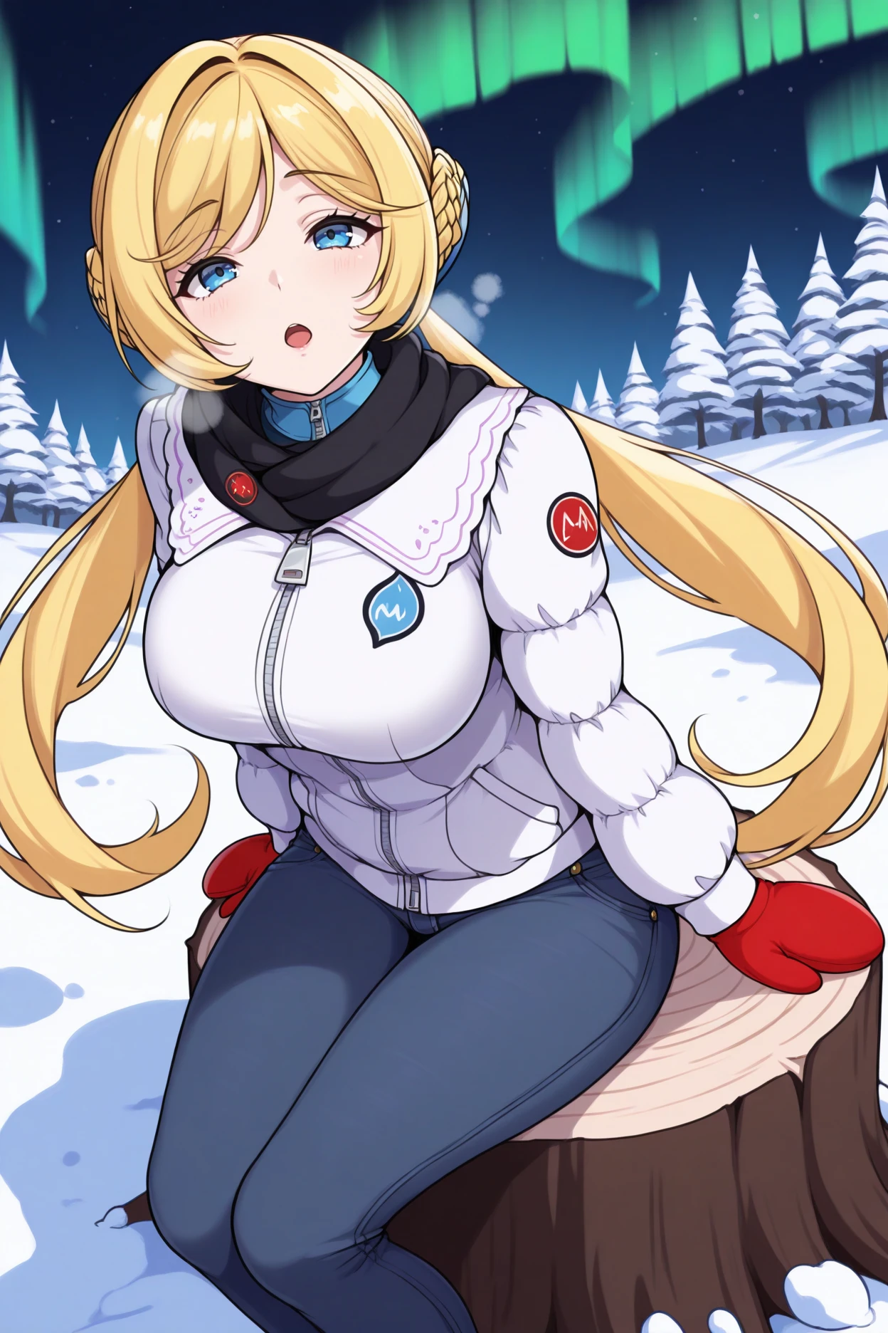 masterpiece, best quality, 1girl, solo, <lora:srwmelua-illu-nvwls-v1-000006:1> meluamelnameia, blonde hair, french braid, low twintails, very long hair, large breasts, winter jacket, puffy jacket, black scarf, jeans, mittens, parka, looking at viewer, heavy breathing, open mouth, winter, snow, aurora, looking up, blue eyes, sitting, from side, tree stump, sky