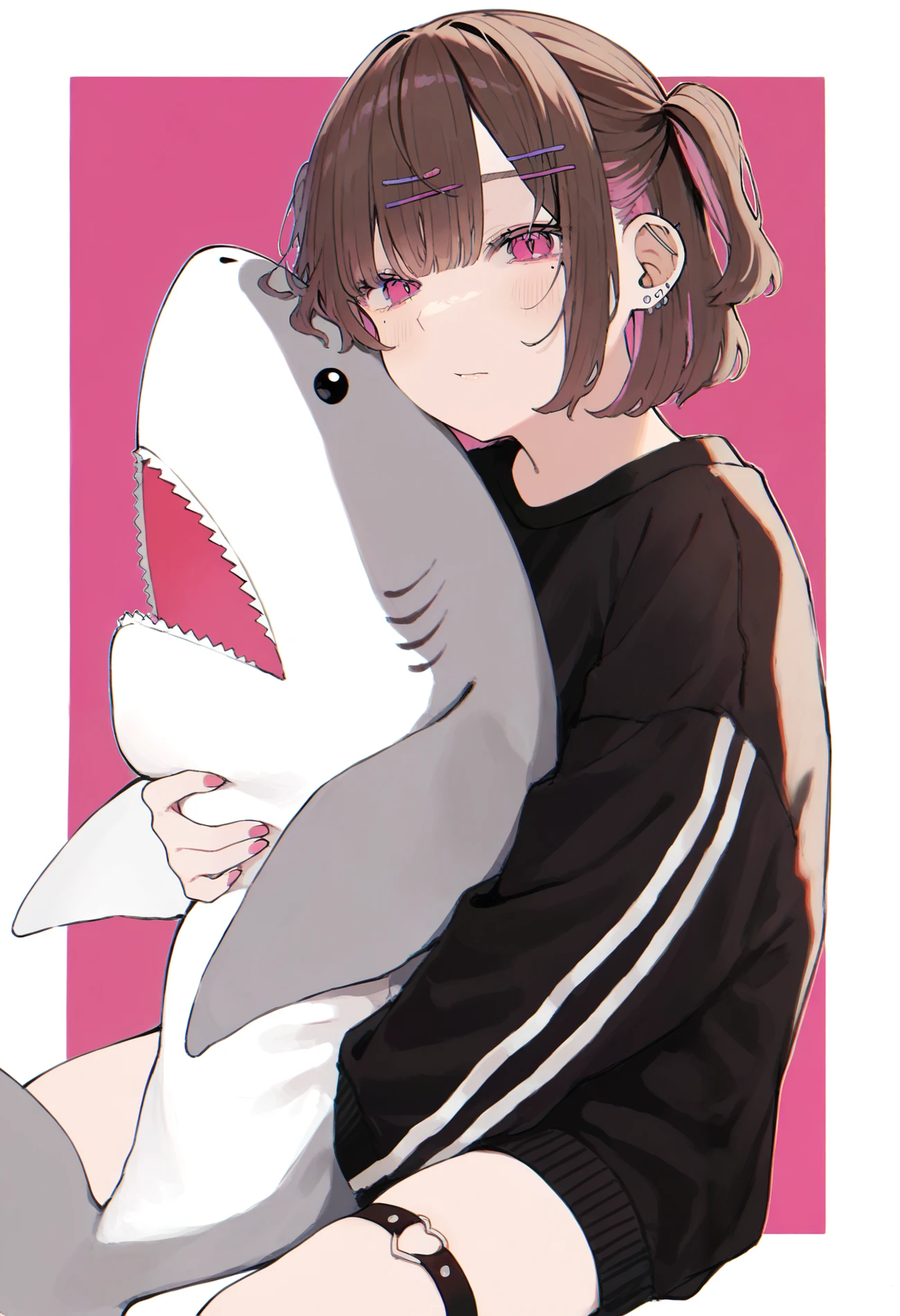 1girl, solo, brown hair, pink eyes, two side up, short hair, multiple earrings, stud earrings, pink nails, black sweater, thigh strap, hairclip, mole under eye,
sitting, between legs, holding stuffed animal, stuffed shark,
cinematic short, chromatic aberration,
very awa, masterpiece, highres, amazing quality, newest, absurdres,
<lora:hamunezuko:0.9>,
<lora:spo_sdxl_10ep_4k-data_lora_webui:0.75>