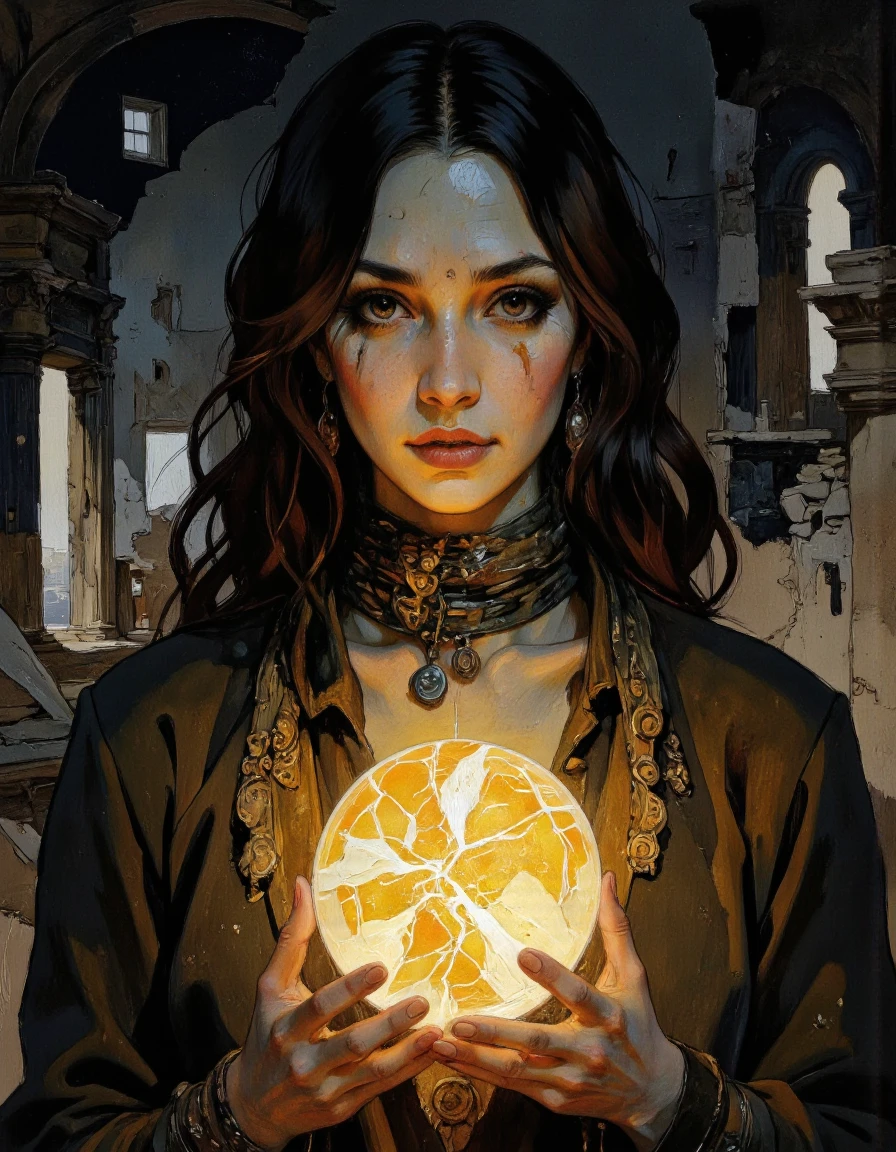 Epic Adventure Shot: UHD, fantasy action movie still, half-body portrait of an astonished smiling 30-year-old medieval explorer. She holds a glowing 1-foot tall ball-shaped idol crackling with energy, its golden light casting dramatic shadows on her face. The ruins behind her are ancient and dark, illuminated only by the idolâs intense glow. Cinematic realism, high-action pose, realistic skin textures, intricate facial details, perfect eyes, expressive gaze, HD, 8k, film grain for added depth. <lora:Comic_book_opus_3:1>