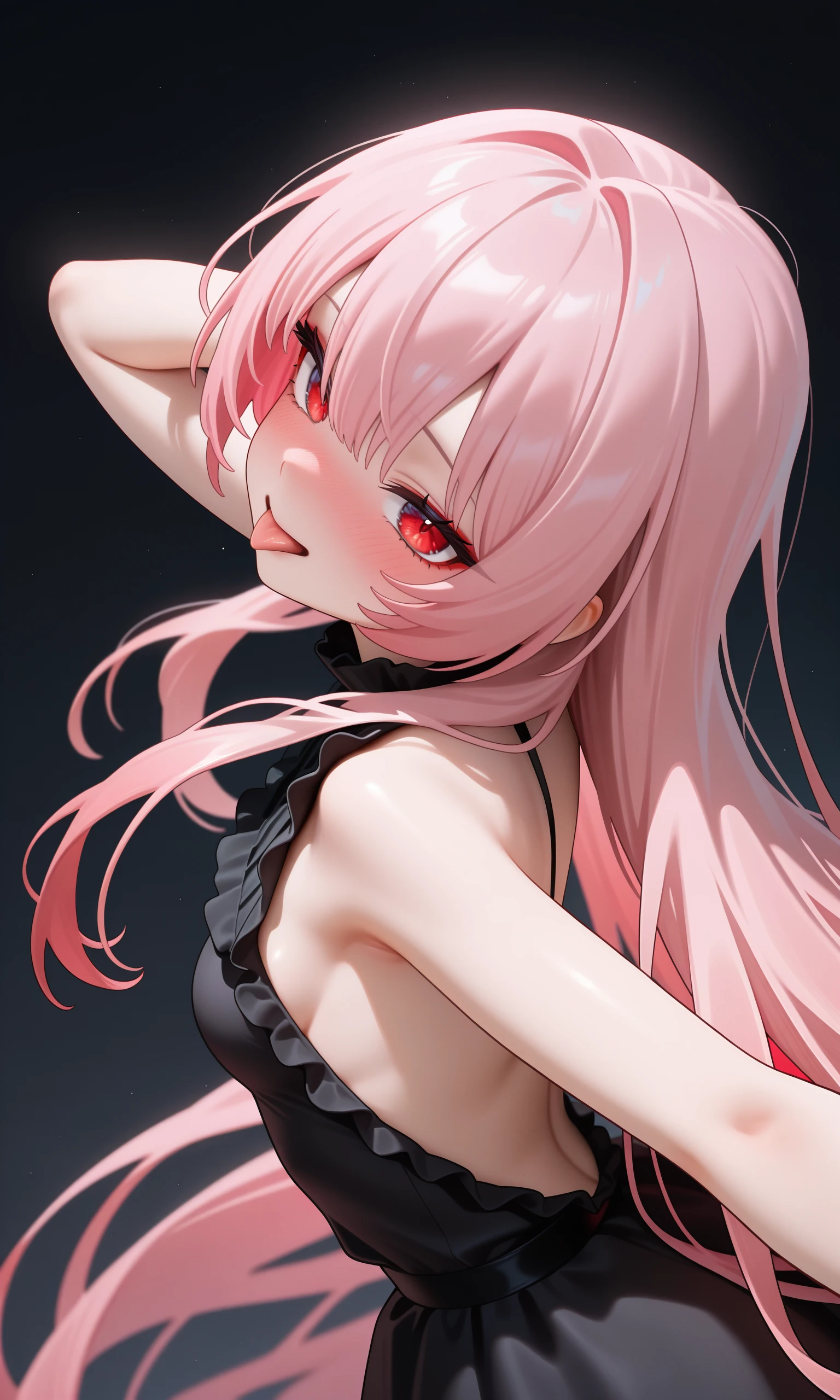 1 girl, 18 years old, nose blush, tongue out, extremely beautiful face, perfect face, frilled black backless sleeveless dress, pink hair, crimson eyes, red eyelashes, very long hair, head lift, abstract background, from above, from side, close up,masterpiece, best quality, absurdres, newest, very aesthetic, amazing quality,highres,sensitive,