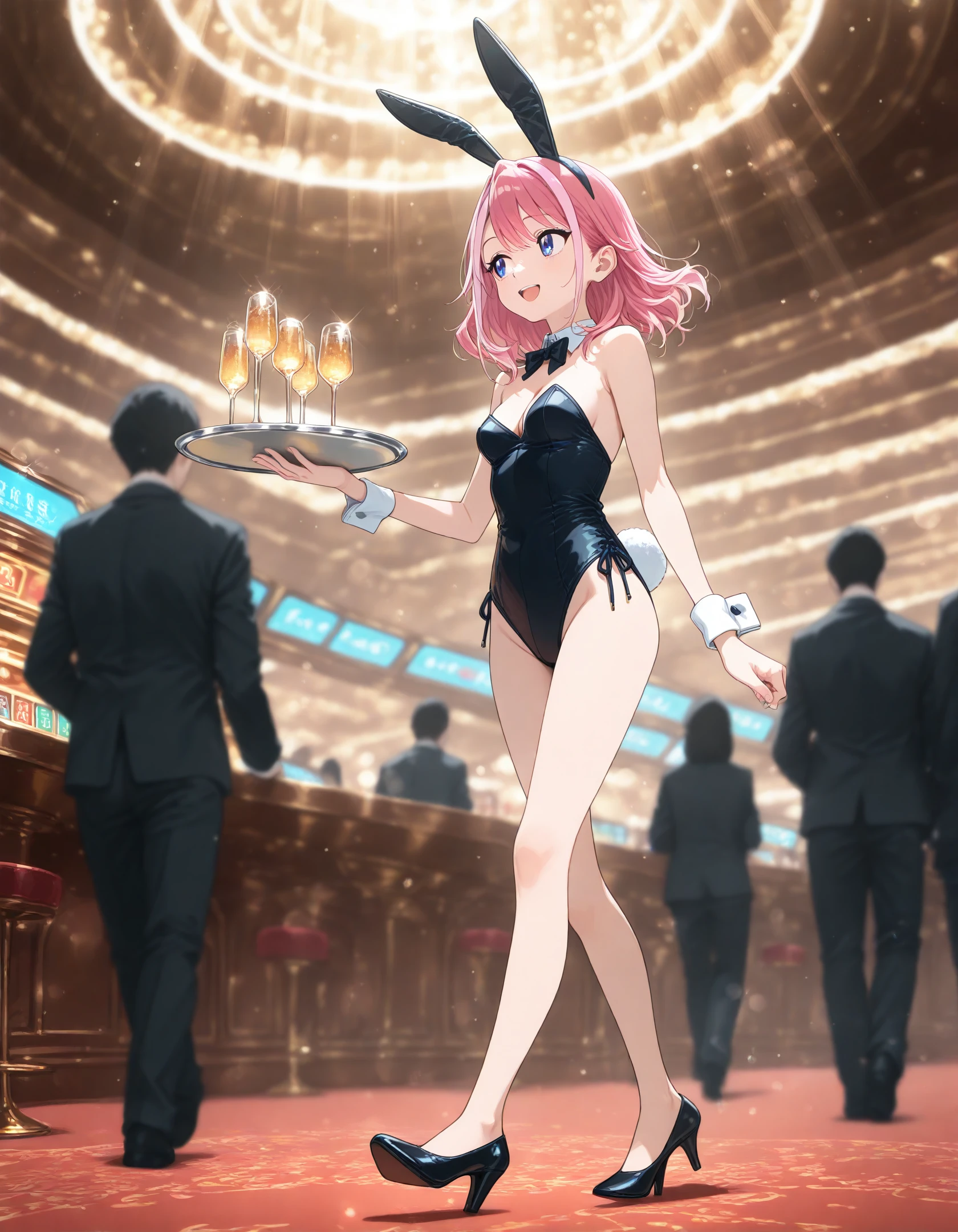 a beautiful, busty, redhead, (bunnysuit, bunny ears headband, black lace thong, Fishnet Stockingull body shot, back to viewer, looking over shoulder, high heeloody background, dark, nightclub, strip_club_venue, crowds, female strippers in background, men watching redhead)