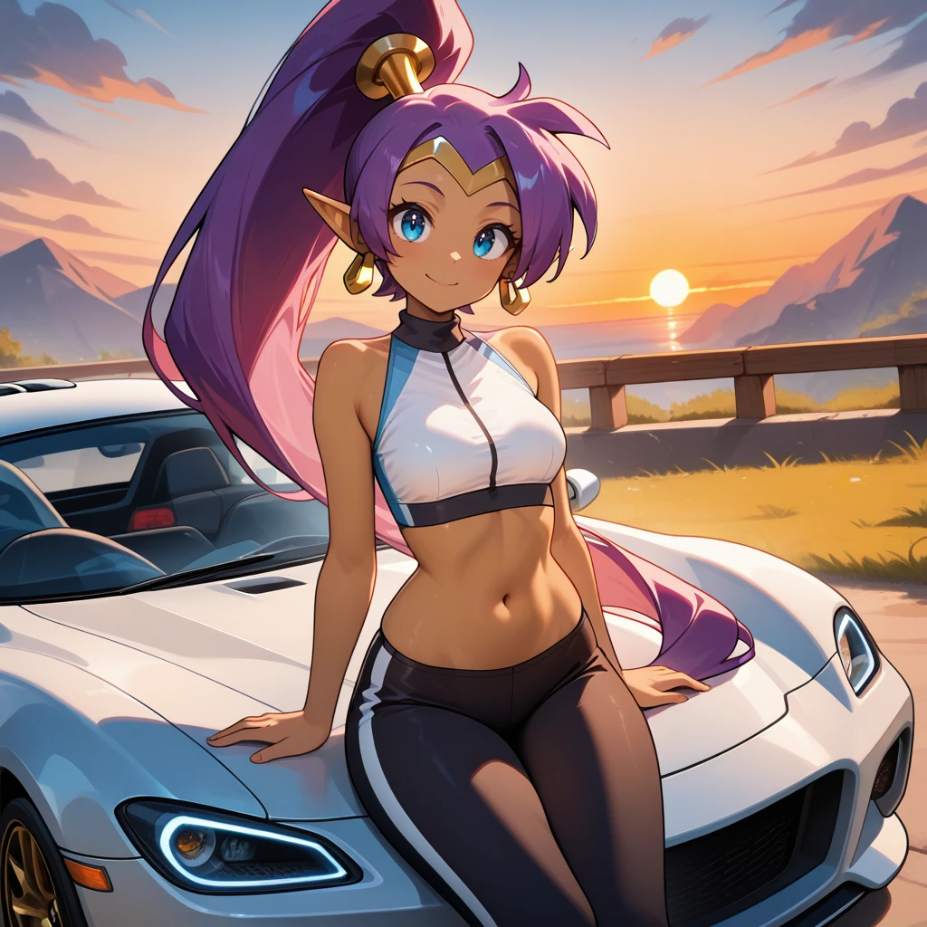 <lora:Sitting_On_Car:0.8> c4rs1t, motor vehicle, ground vehicle, sports car, sitting, cowboy shot, 1girl, outdoors, sunset, looking at viewer, smile, Shantae , masterpiece, best quality, good quality, newest