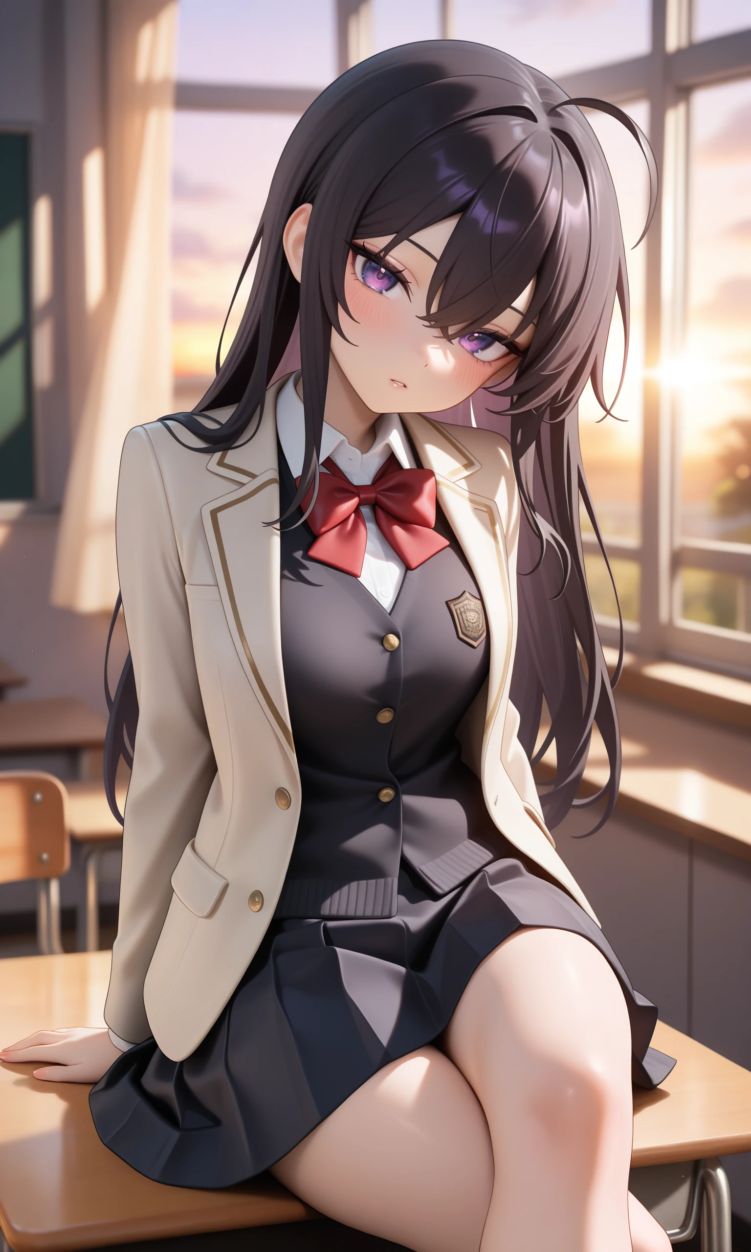 1girl, prefect lighting, very aesthetic, intricate details, highly detailed background, masterpiece, high quality, prefect hands, best quality, solo,, black hair, dark purple eyes, long hair, ahoge, hair between eyes, school uniform, beige open jacket, black skirt, white collared shirt, black vest, red bowtie, sitting on desk, crossed legs, expressionless, parted lips, head tilt, looking at viewer, blush, classroom, evening, sunset, (Beautiful, medium Breasts:1.2), natural breasts,,masterpiece, best quality, absurdres, newest, very aesthetic, amazing quality,highres,sensitive,