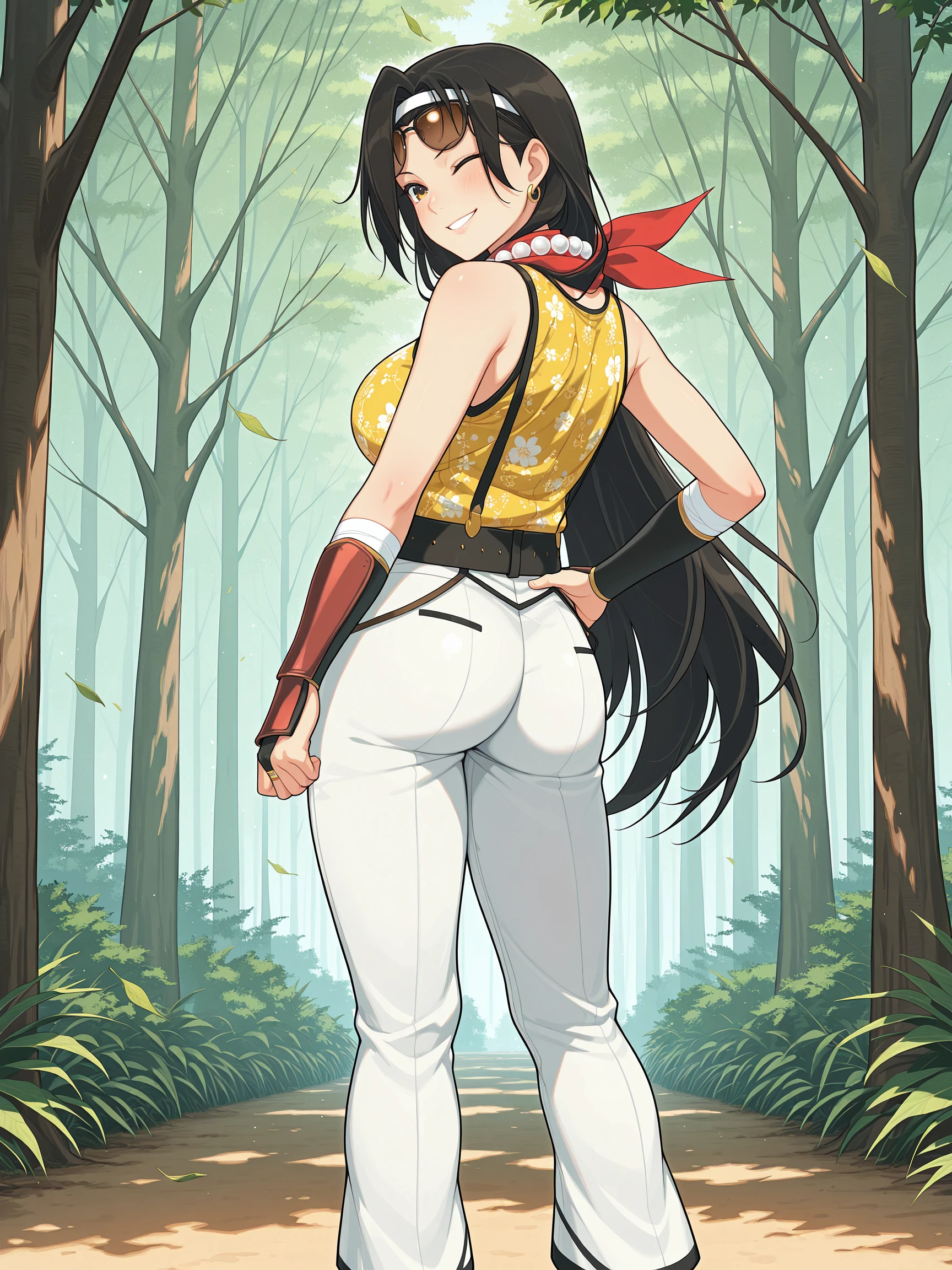 masterpiece, best quality, amazing quality, frostbite
(solo:1.4), Jasmine IL, brown eyes, long black hair, headband, sunglasses on forehead, hoop earrings, red scarf, large breasts, BREAK, Jasmine_shinobi, bead necklace, yellow tank top, sleeveless, suspenders, forearm guards, massive black belt, brown belts, white pants, black boots
from behind, looking back, one eye closed, hand on hip, smile
forest, trees, flying leaves
<lora:Jasmine_IL:1>
<lora:frostbitev2_Illu_dwnsty:0.7>