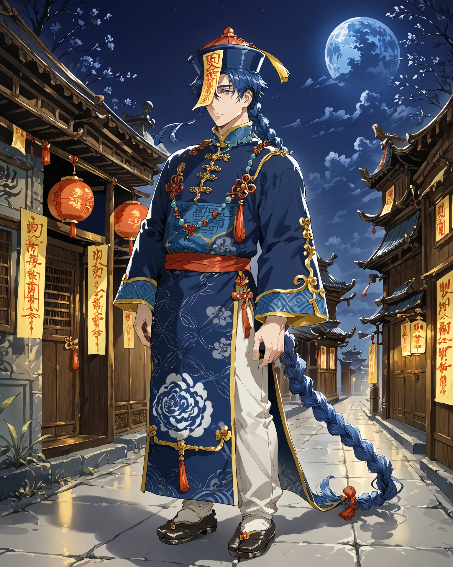 1boy, jiangshi, full body, long braid, single braid, blue hair, dark night, ancient chinese alleyway, nighttime, extremely detailed clothing, jewelry, masterpiece, absurdres, extremely detailed, digital art, score_9, score_8_up, score_7_up, <lora:Jiangshi_Pony:1>, <lora:MAIDOLL For Pony:1> MAIDOLL