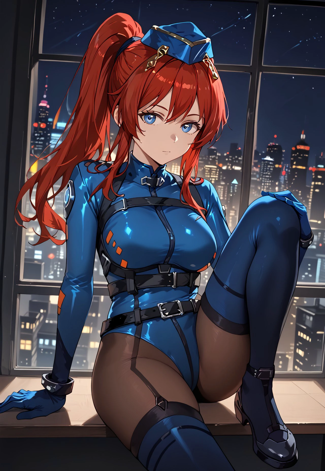 safe_pos, 1girl, solo, solo focus, highres, absurdres, 6P62_1st, red hair, long hair, blue eyes, garrison cap, ponytail, blue thighhighs, blue gloves, bodysuit, blue leotard, black pantyhose, sidelocks, black belt, blue headwear, highleg,
looking at viewer, from side, sitting, leg up, knee up,
indoor, window, cityscape, neon lights, shade, night, night sky, dark, backlighting,