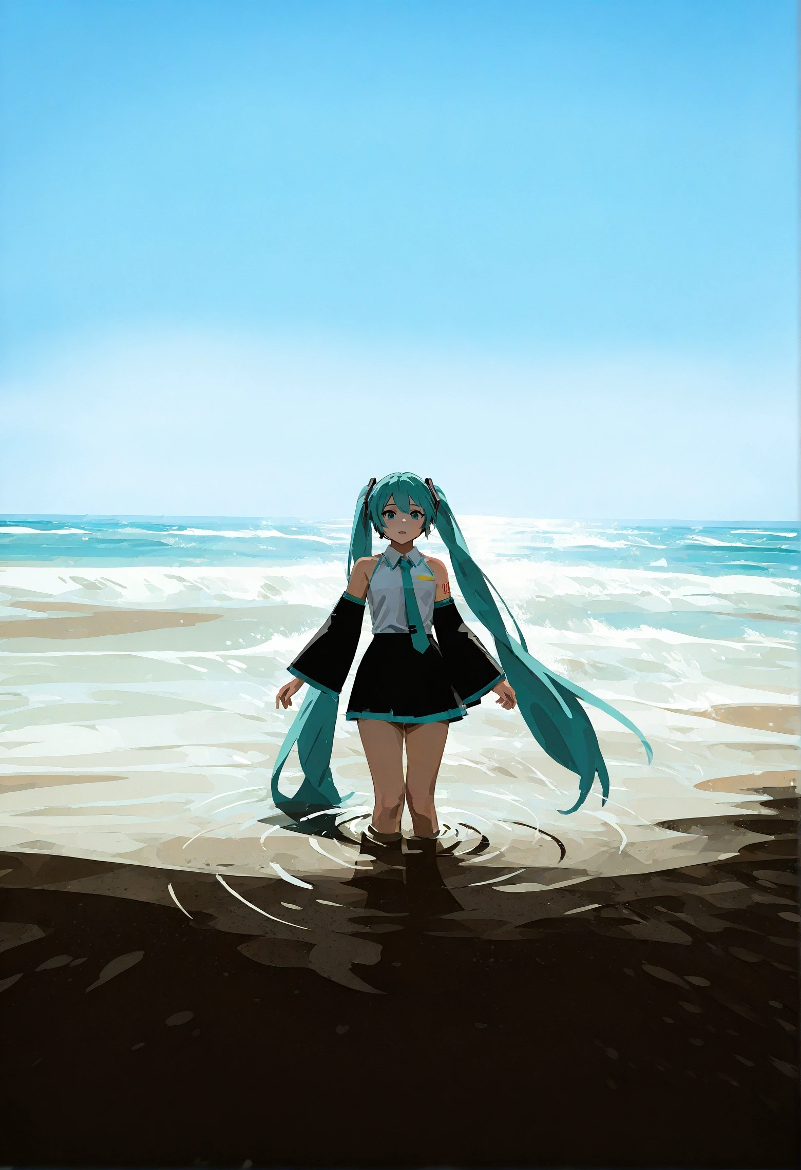 (yin ling:1.2), newest, very awa, masterpiece, highres, absurdres, year 2024, year 2023,
wide shot, perspective, cinematic, (sunlight:1.2), facing viewer, from below, 
hatsune miku, 1girl, solo, scenery, seascape, partially submerged, vanishing point, detailed background, 
 <lora:yun_ling-16:0.9> <lora:NOOB_vp1_detailer_by_volnovik_v1:0.5>  <lora:ponyv6_noobV1_1_adamW-000011:0.3> <lora:spo:1>