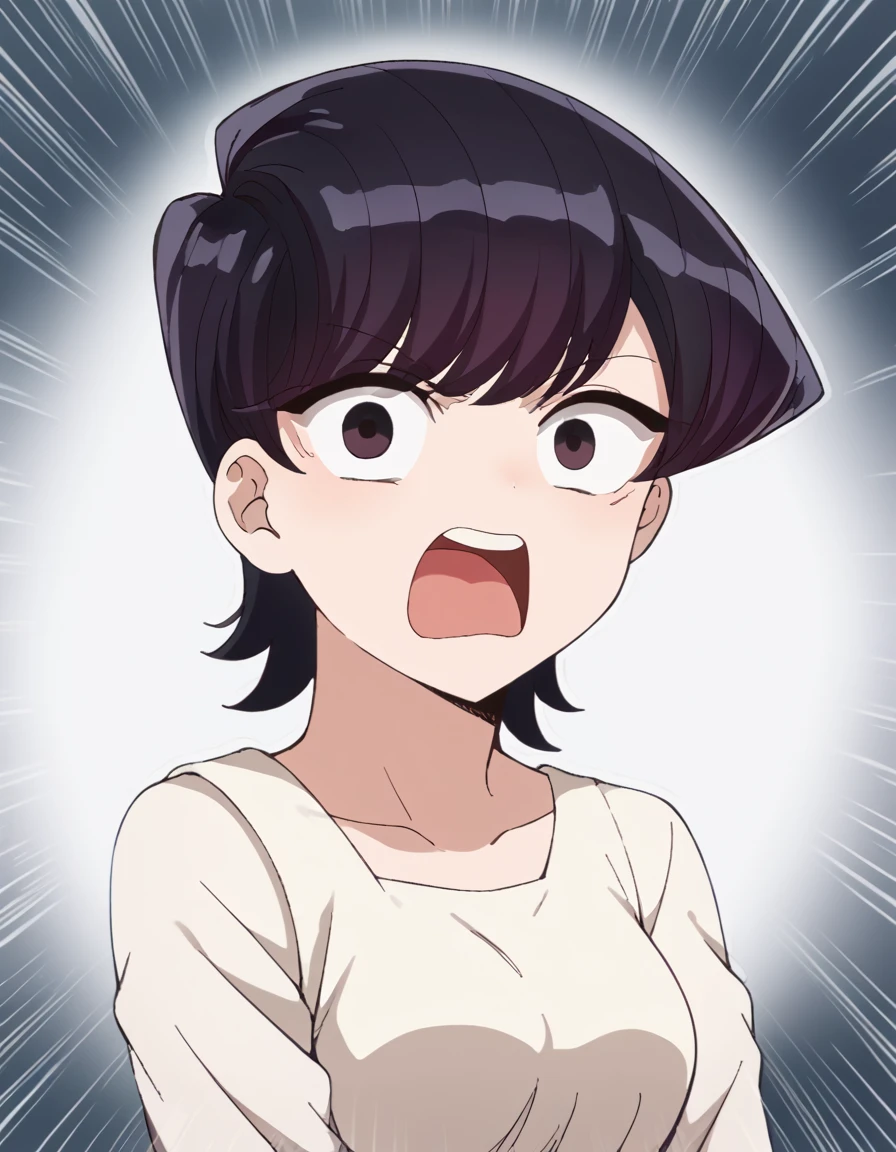 score_9, score_8_up, score_7_up, source_anime, <lora:shuuko-komi-s1s2-ponyxl-lora-nochekaiser:1>, shuuko komi, short hair, black hair, black eyes, medium breasts, <lora:agemasen-ponyxl-lora-nochekaiser:1>, agemasen, agemasen! (meme), emphasis lines, looking at viewer, meme, open mouth, upper teeth only, ,