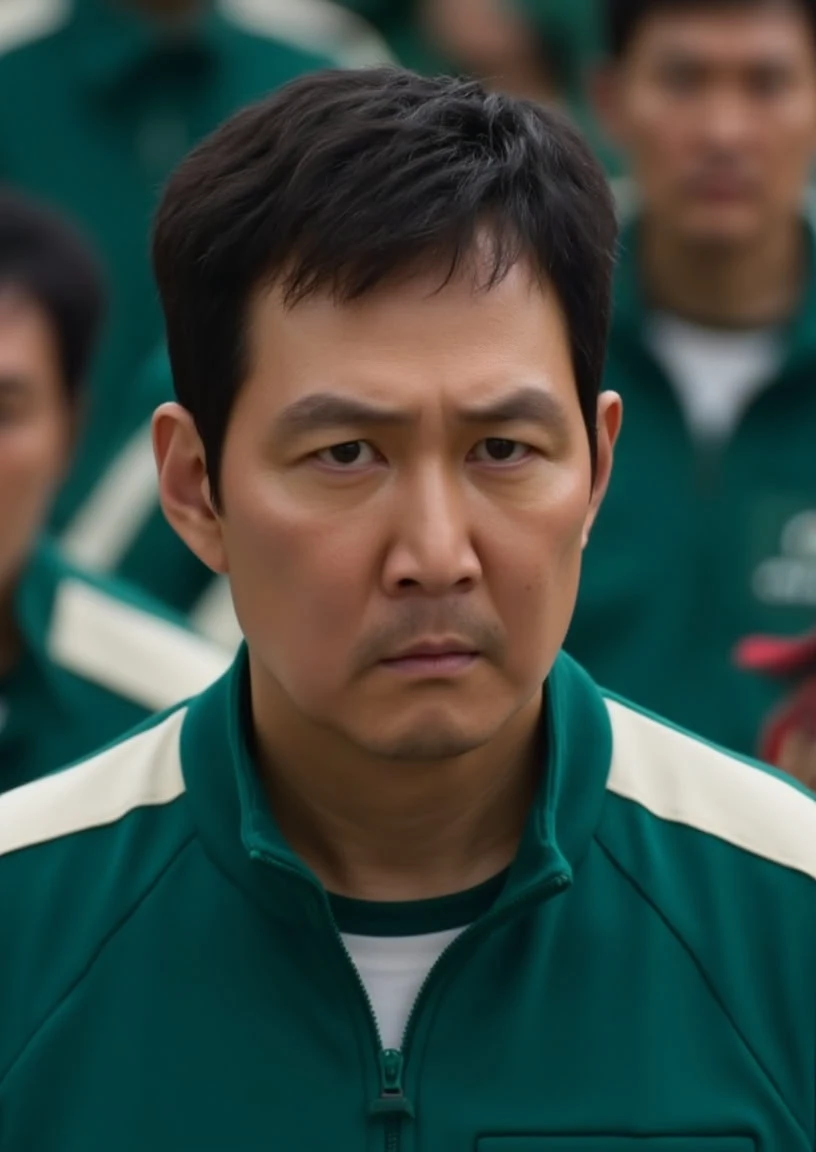 A front view half body photo of Player456, wearing green jacket, looks serious, professional photo, crowd wearing the same jackets on background, preparing for tournament