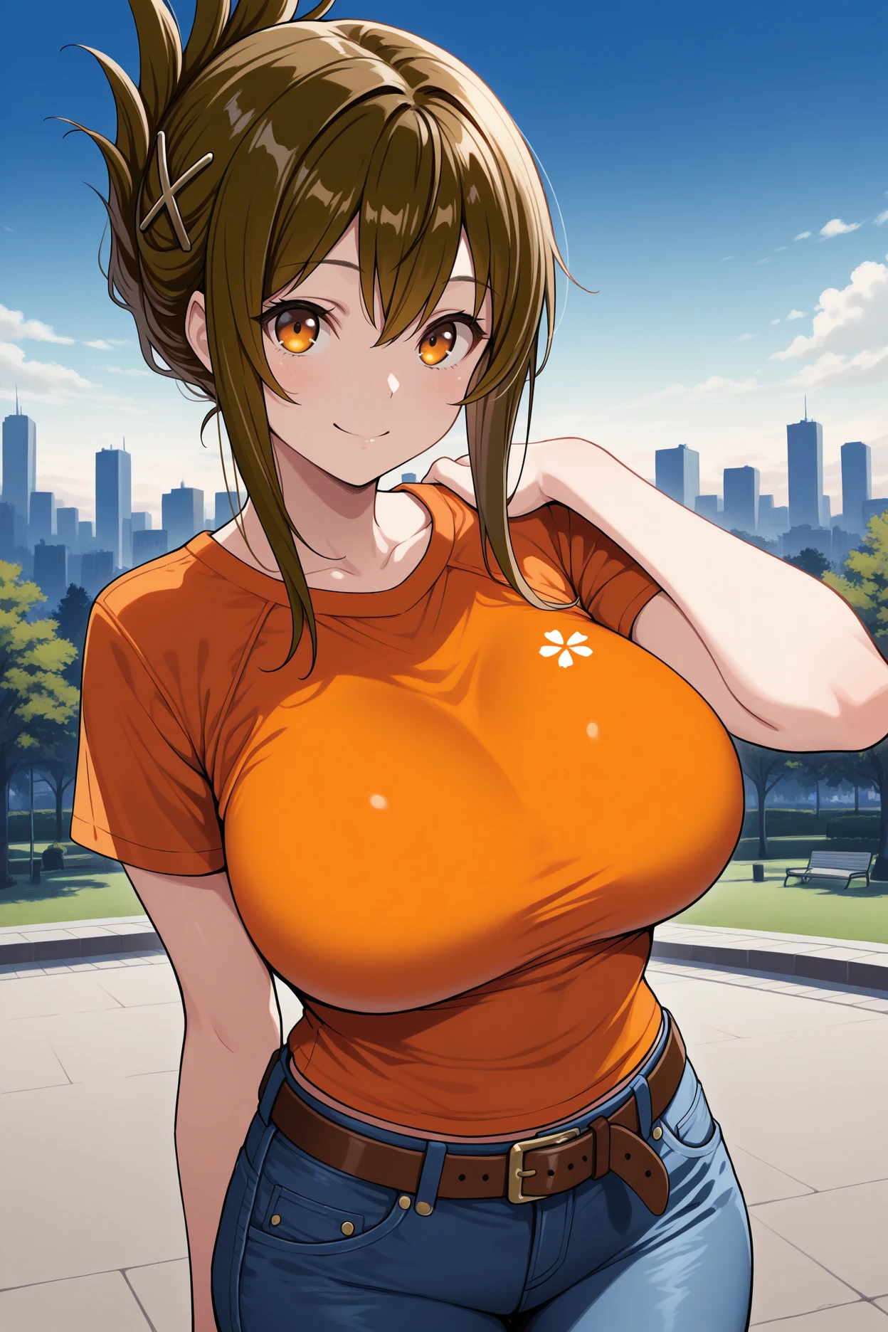 masterpiece, best quality, 1girl, solo, <lora:srtchitose-illu-nvwls-v1-000006:1> srtchitose, brown hair, folded ponytail, amber eyes, hair ornament, large breasts, orange t-shirt, jeans, brown belt, looking at viewer, hand on own shoulder, blue sky, skyline, park, smile