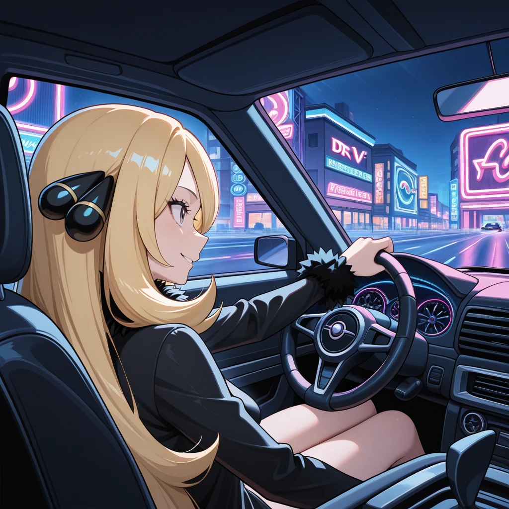 <lora:Driving_-_IL:0.8> dr1v3, car interior, motor vehicle, steering wheel, driving, sitting, 1girl, solo, nighttime, neon lights, smile, Cynthia \(Pokemon\)  , masterpiece, best quality, good quality, newest