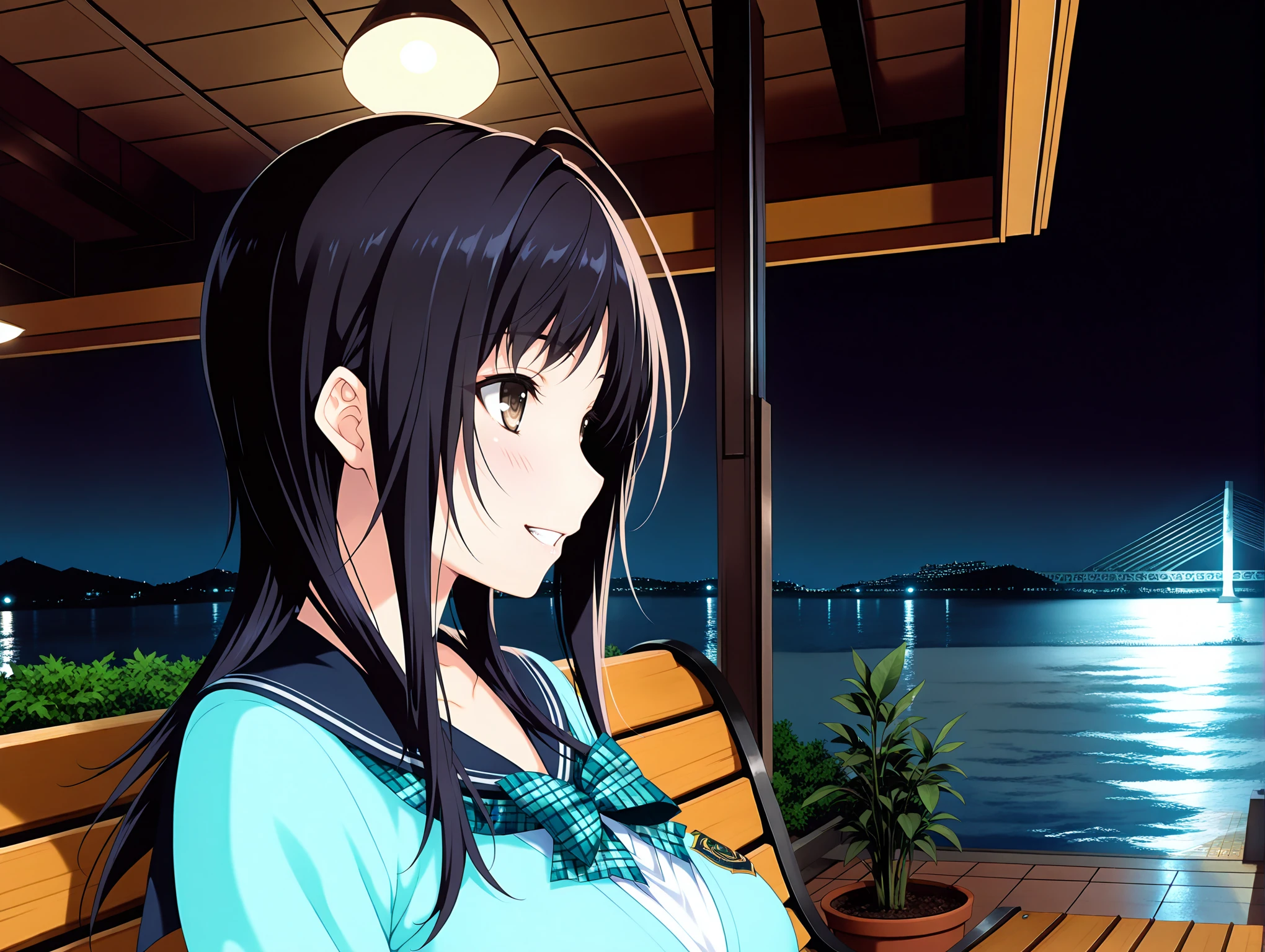 masterpiece,best quality,amazing quality,solo,1girl,<lora:wakoto_ilxl_v1.3:1>,wakoto,black hair,long hair,brown eyes,w_clothes,school uniform,navy sailor,plaid bow,light blue cardigan,white skirt,black pantyhose,loafers,<lora:commercial_facility00_ilxl_v1:1>,c_f00,<lora:Fixhands_anime_bdsqlsz_V1:1>,
night,night sky,sky,bridge,ocean,
bench,ceiling light,city lights,dark,lamp,lamppost,
potted plant,
upper_body,light_blush,smile,grin,profile,looking ahead,