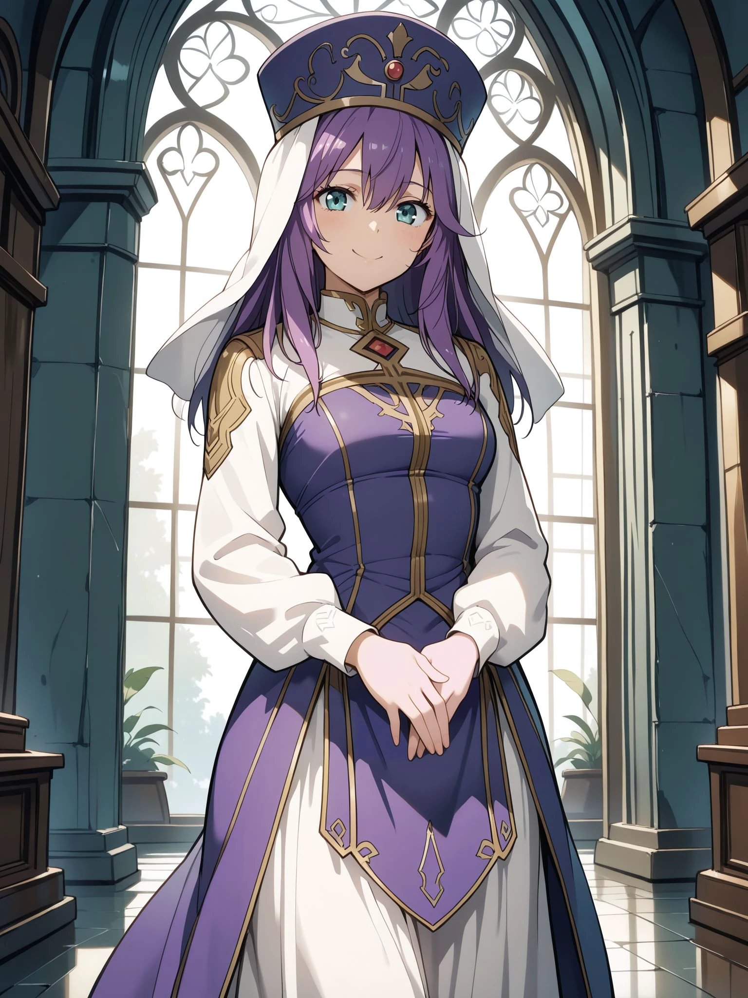 masterpiece,best_quality,1girl,solo,<lora:eremiya feh_illustriousXL:0.8>,eremiya feh,hat,long dress,cowboy shot,standing,smile,hands on stomach,crossed hands,looking at viewer