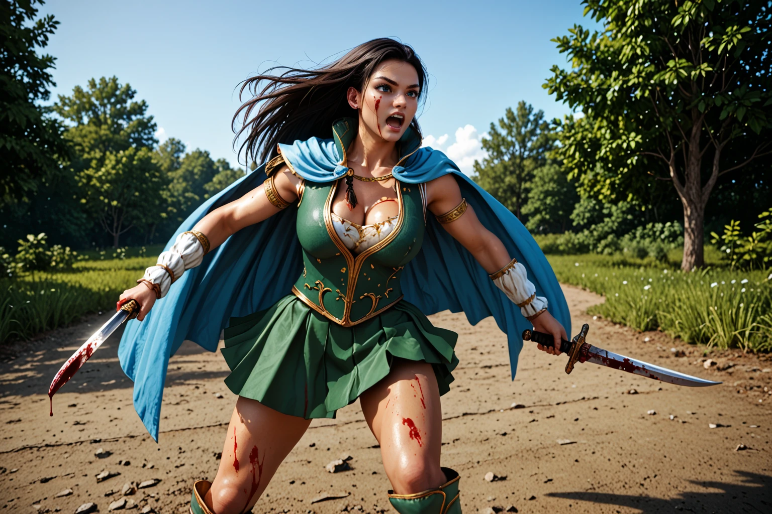 tall, curvy, big breasts, femdom, slaughter, war, killer, kill a man, holds and lifts breasts, shot from below, smile, swords with blood, be spattered by blood, bloody body, having a severed head of devil by long sword