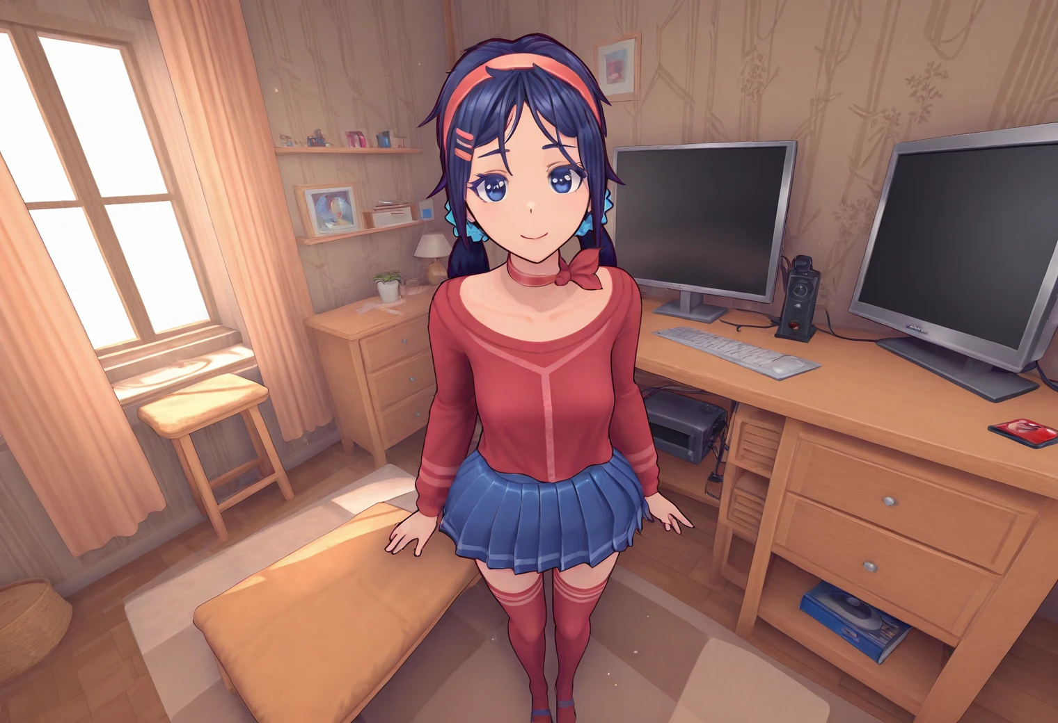 Mita, 1girl, 3d, (low twintails), hair scrunchie, hairband, red shirt, blue pleated skirt, red thighhighs, thighhighs , furniture, windows, blue eyes, masterpiece, best quality, 8k, high resolution, aesthetically pleasing, dark hair, smile, <lora:Mita-MiSide-4-4-Illustrious-Test11:1>