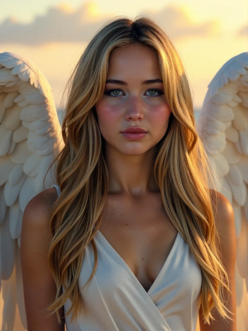 <lora:Jennifer_Lawrence_Ca2011:1> woman <lora:zz_s_Fluxartis:0.5> A highly detailed cinematic photography hyper realistic photography, intricate depiction of an angel, beautiful long wavy hair, wearing an intricately detailed yet modest bright white silk painter's smock that covers the body up to the neck, from above, rosy cheeks, extreme close-up, with grand, flowing wings in the style of traditional art, clean and flawless finish on the angel's form, maintain meticulous detail throughout, with each wing feather carefully rendered, octane render, highly detailed, volumetric, dramatic lighting, extremely high-resolution details, photographic, realism pushed to extreme, fine texture, incredibly lifelike, background is sky and clouds at golden hour, god rays, sunset, lighting effects, smoke effects, looking directly at the viewer, looking directly at the camera, making eye contact, looking straight ahead, modest clothes, modest apparel, chest covered, modesty <lora:zz_s_Chest_Size_Slider:-2>, an extremely charismatic and captivating smileâââ