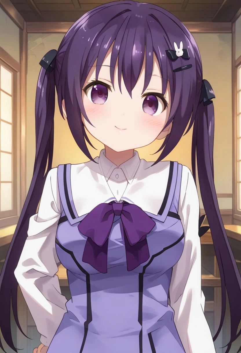score_9, score_7_up,1girl, looking at viewer, blush, breasts,(purple hair, purple eyes, twintails, hair ornament, rabbit hair ornament, rabbit house, rabbit house uniform), looking at viewer, solo, highres, zPDXL3, detailed face, head tilt, tilted head, short, short girl, ((front view)), standing,happy