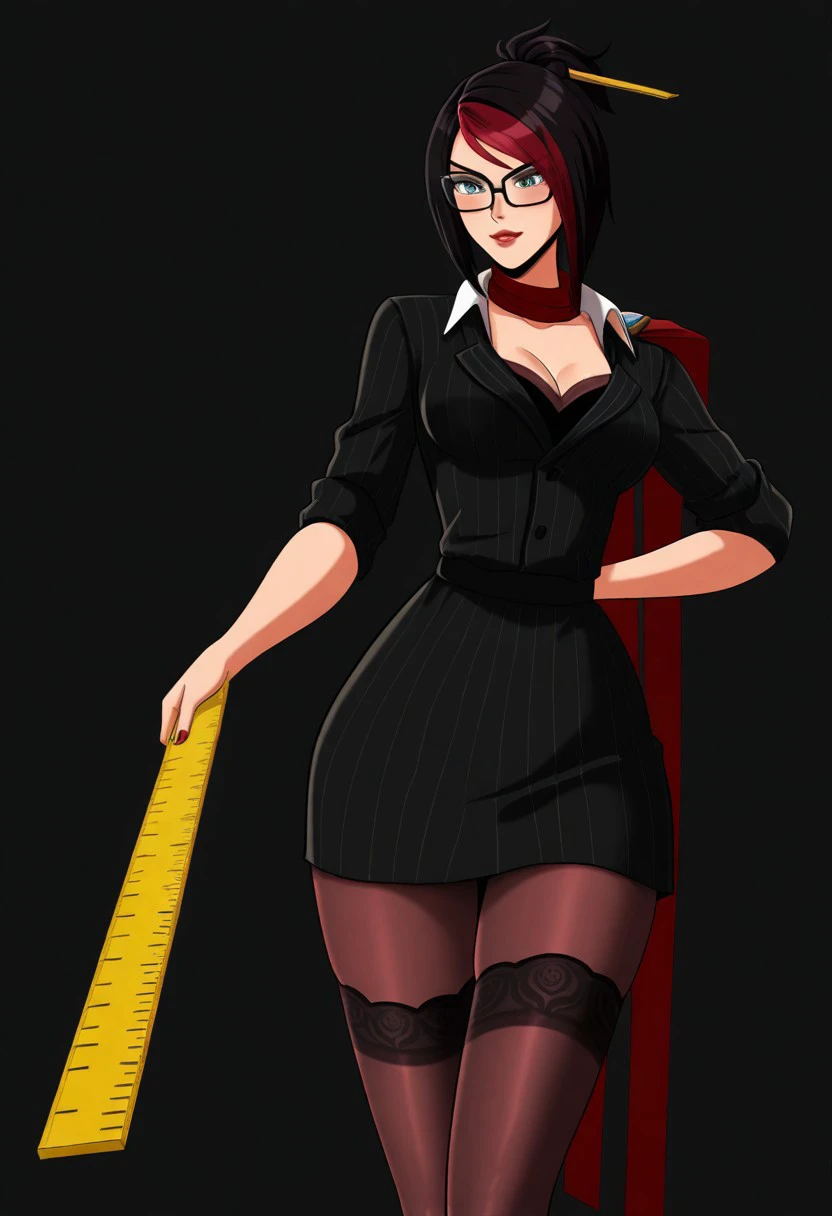 masterpiece, best quality, newest, absurdres, highres,  anime, anime style, 1girl, FioraheadmistressIL-V1.0, thighigs, glasses, multicolored hair, clevag,e red hair, black hair, ruler, holding ruler