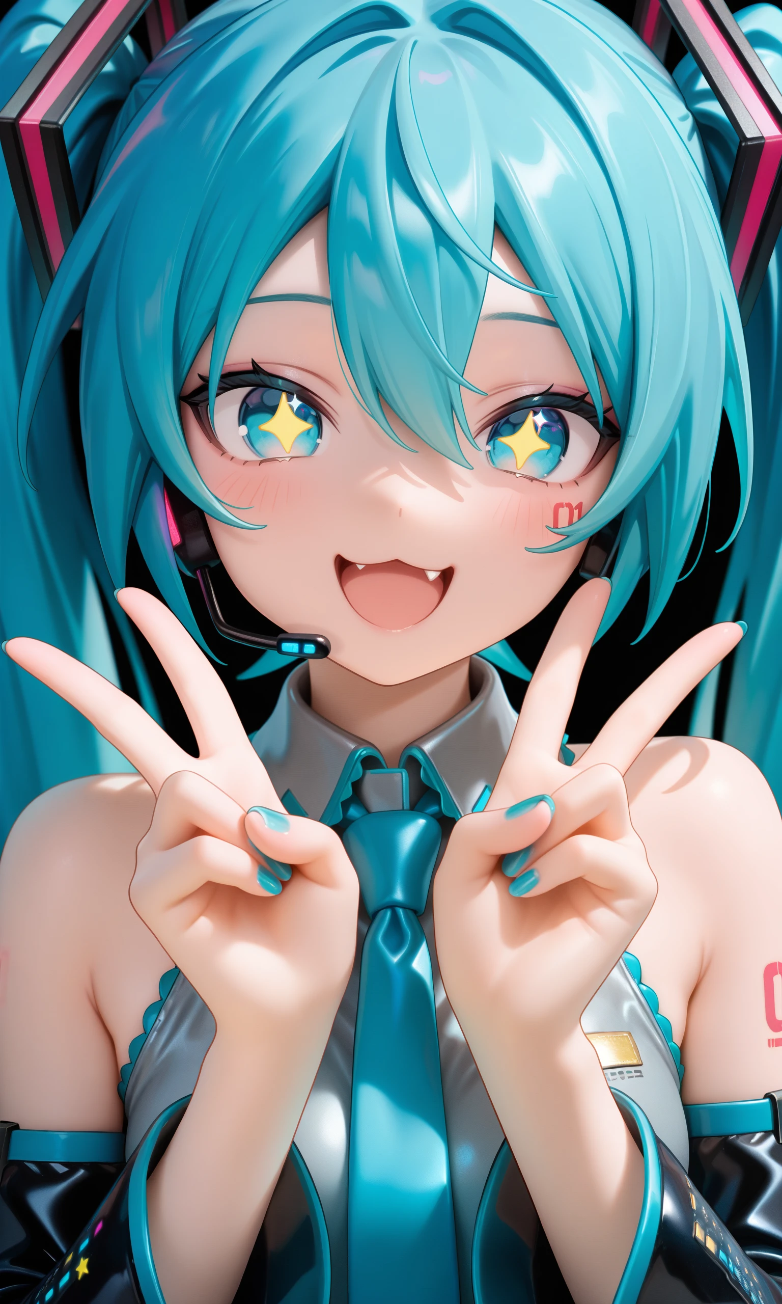 hatsune miku,1girl, solo, twintails, long hair, necktie, detached sleeves, fang, shirt, star \(symbol\), open mouth, sparkle, tattoo, looking at viewer, double v, v, blue eyes, hair between eyes, smile, upper body, bare shoulders, sleeveless shirt, sleeveless, blue hair, aqua hair, collared shirt, shoulder tattoo, nail polish, aqua eyes, number tattoo, blue nails, headset, sparkling eyes, aqua nails, grey shirt, hands up, hair intakes, hair ornament, :d, :3, aqua necktie,masterpiece, best quality, absurdres, newest, very aesthetic, amazing quality,highres,sensitive,