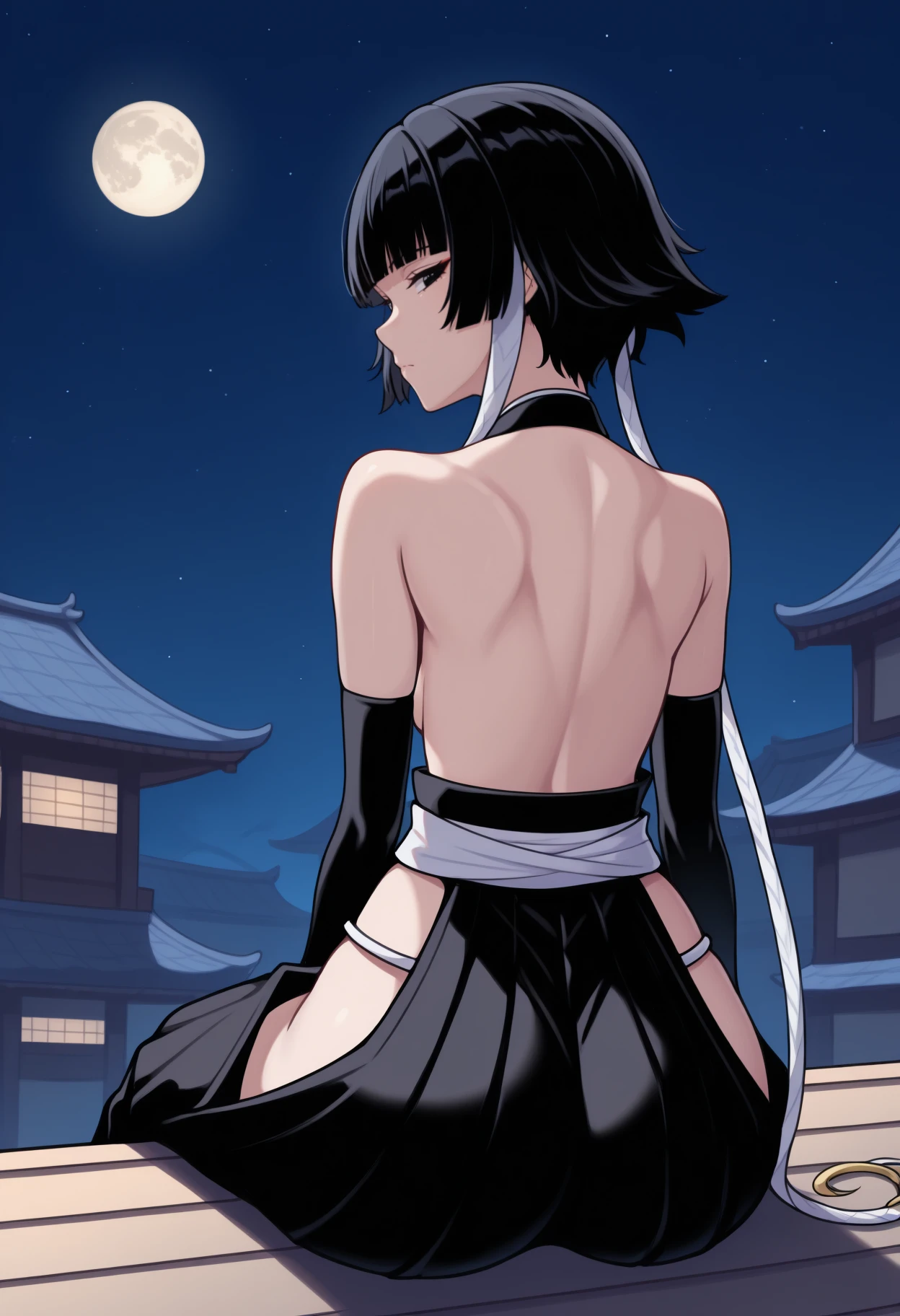 masterpiece, best quality, from behind, solo, 1girl, expressionless, looking back, sitting, black hair, short hair with long locks, blunt bangs, black eyes, japanese clothes, sblack kimono, backless outfit, halterneck, backboob, black sleeves, detached sleeves, white sash, black hakama, hip vent, bare shoulders, ass, outdoors, night, star \(sky\), starry sky, moon, east asian architecture, rooftop
<segment:yolo-Anzhc Face seg 640 v2 y8n.pt,0.4,0.5//cid=1>