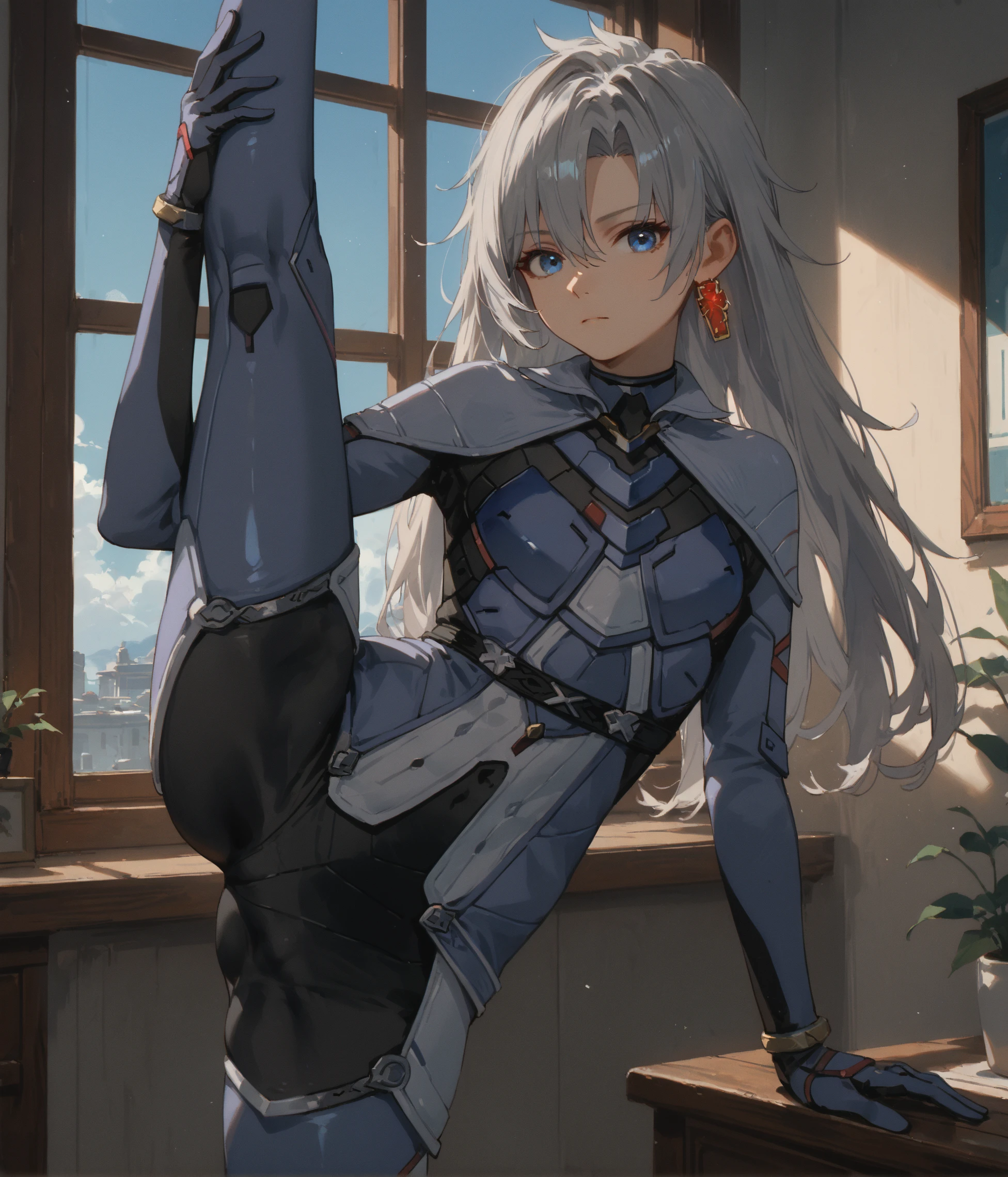 score_9, score_8, score_7_up masterpiece, high quality, embedding:zPDXL3,

1girl, solo, XC-A, long hair, grey hair, bangs, blue eyes, hair between eyes, earrings, looking at viewer,

armored bodysuit, 

indoors, detailed interior, window, blue sky, 

standing on one leg, standing split,