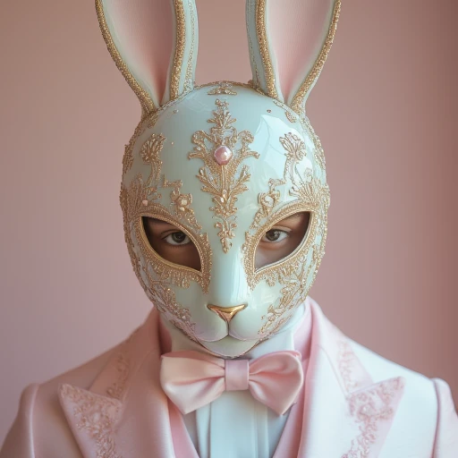 The image is a high-resolution, hyper-realistic CGI artwork featuring a person dressed as a rabbit. The subject is adorned in an elaborate, ornate costume that includes a white, intricately designed mask resembling a rabbit's face. The mask has a glossy finish and is adorned with intricate, golden floral patterns, giving it a regal, almost mythical appearance. The mask covers the face, extending up to the ears, which are tall and upright, made of a soft, white material with a subtle pink tint at the tips. The person is dressed in a pastel pink suit jacket with a subtle, shimmering texture, adorned with small, delicate gold buttons and a matching pink bow tie.