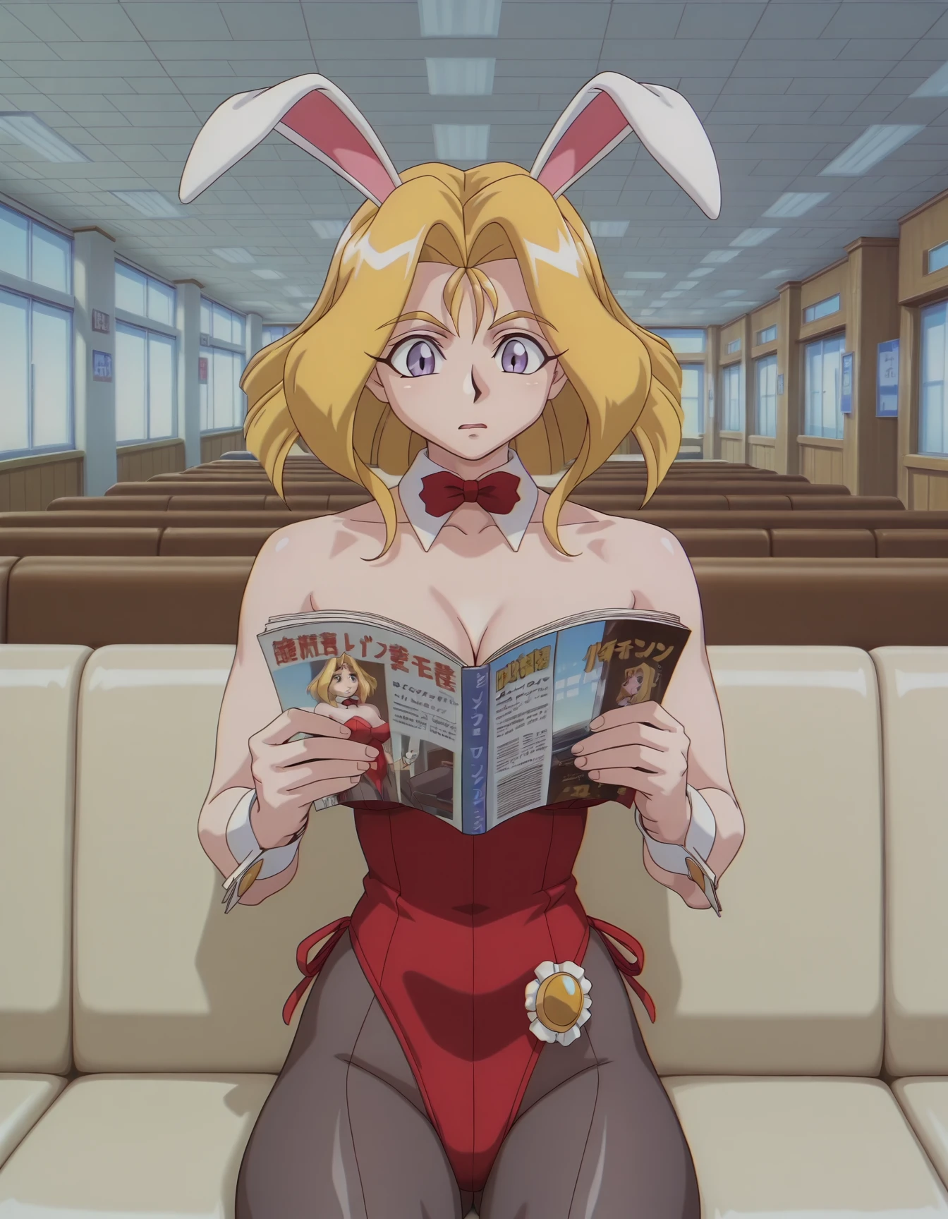 <lora:variable-geo-ova-illustrious-000010-v2:0.9> erina goldsmith, rabbit ears, red leotard, detached collar, bowtie, wrist cuffs, pantyhose,
1girl, solo, waiting room, casting couch, confused, reading, magazine
