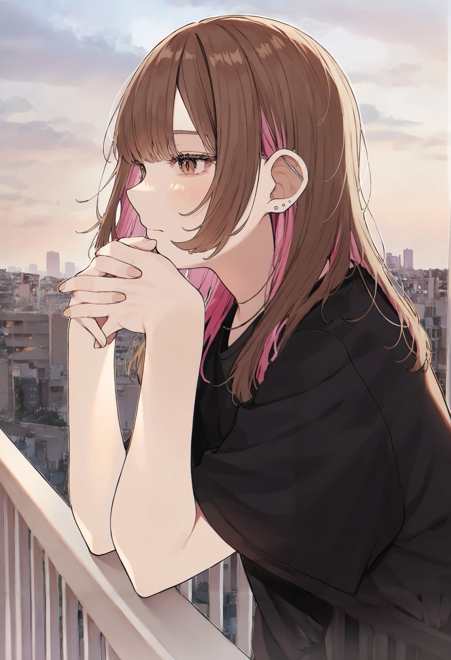 1girl, solo, two-tone hair, streaked hair, brown hair, pink streaks, stud earrings, multiple earrings, black shirt, brown eyes, long eyelashes,
cinematic shot, chromatic abberation, serious,
elbow rest, against railing, profile, balcony, hand on own chin, own hands together, interlocked fingers,
outdoors, cityscape, building, sun, day, cloudy sky, backlighting, skyline,
very awa, masterpiece, highres, amazing quality, newest, absurdres,
<lora:hamunezuko:0.9>,
<lora:spo_sdxl_10ep_4k-data_lora_webui:0.75>