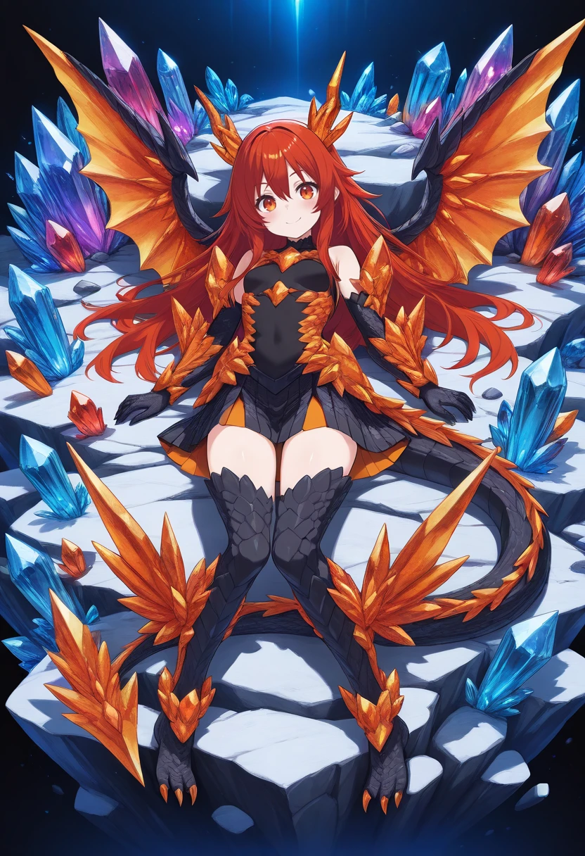 masterpiece,best quality,amazing quality, very aesthetic, ((outlined outlined vector graphics)), front view , looking at viewer, full body,
1girl, small breast, crystal dragon girl,amber crystals, smile, futtora face, black dragon scales, dragon scale tail, ice crystal wings, detailed background,black dragon scale wings, galaxy, 30yo, mature female, black dragon scale skirt ,black dragon scale legs, black dragon scale arms, lying , , , <lora:futtora02-il-02:1>
