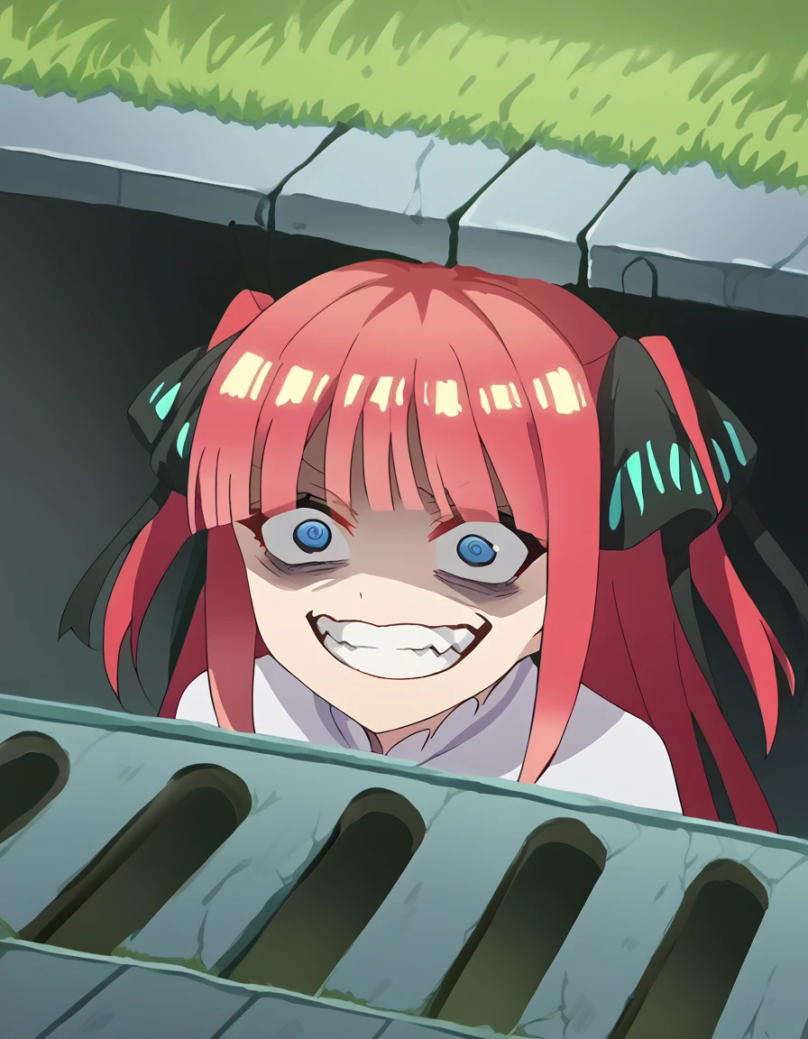 score_9, score_8_up, score_7_up, source_anime, <lora:nnakano-s2-ponyxl-lora-nochekaiser:1>, long hair, bangs, blue eyes, hair ornament, hair ribbon, pink hair, blunt bangs, two side up, butterfly hair ornament, large breasts, anime screencap, <lora:pennywise-in-the-sewer-ponyxl-lora-nochekaiser:1>, pennywise in the sewer, pennywise in the sewer (meme), storm drain, sewer grate, grate, sewer, meme, concrete, grass, sidewalk,, <lora:evil-grin-ponyxl-lora-nochekaiser:1>, evil grin, evil smile, grin, evil eyes, crazy eyes, teeth, shaded face,,