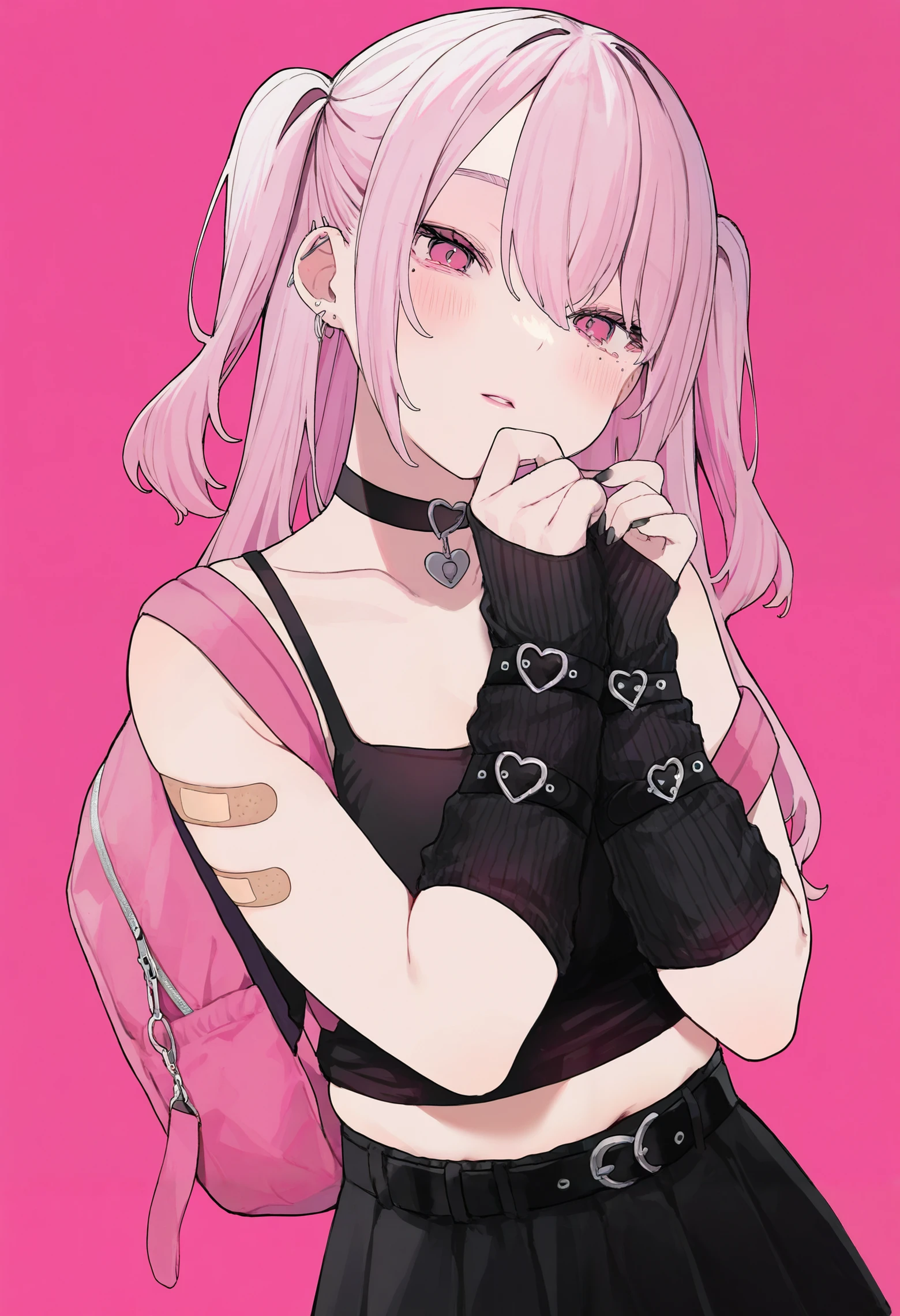 1girl, solo, pink hair, two side up, hair between eyes, long hair, mole under eye, pink eyes, black choker, heart choker, earrings, hair behind ear,
bandaid on arm, sleeveless shirt, black nails, sleeve past wrists, collarbone, tank top, black undershirt, camisole, arm warmers, black skirt, belt buckle,
backpack, hand on own chin, head tilt, parted lips,
pink background,
very awa, masterpiece, highres, amazing quality, newest, absurdres,
<lora:hamunezuko:0.9>,
<lora:spo_sdxl_10ep_4k-data_lora_webui:0.75>