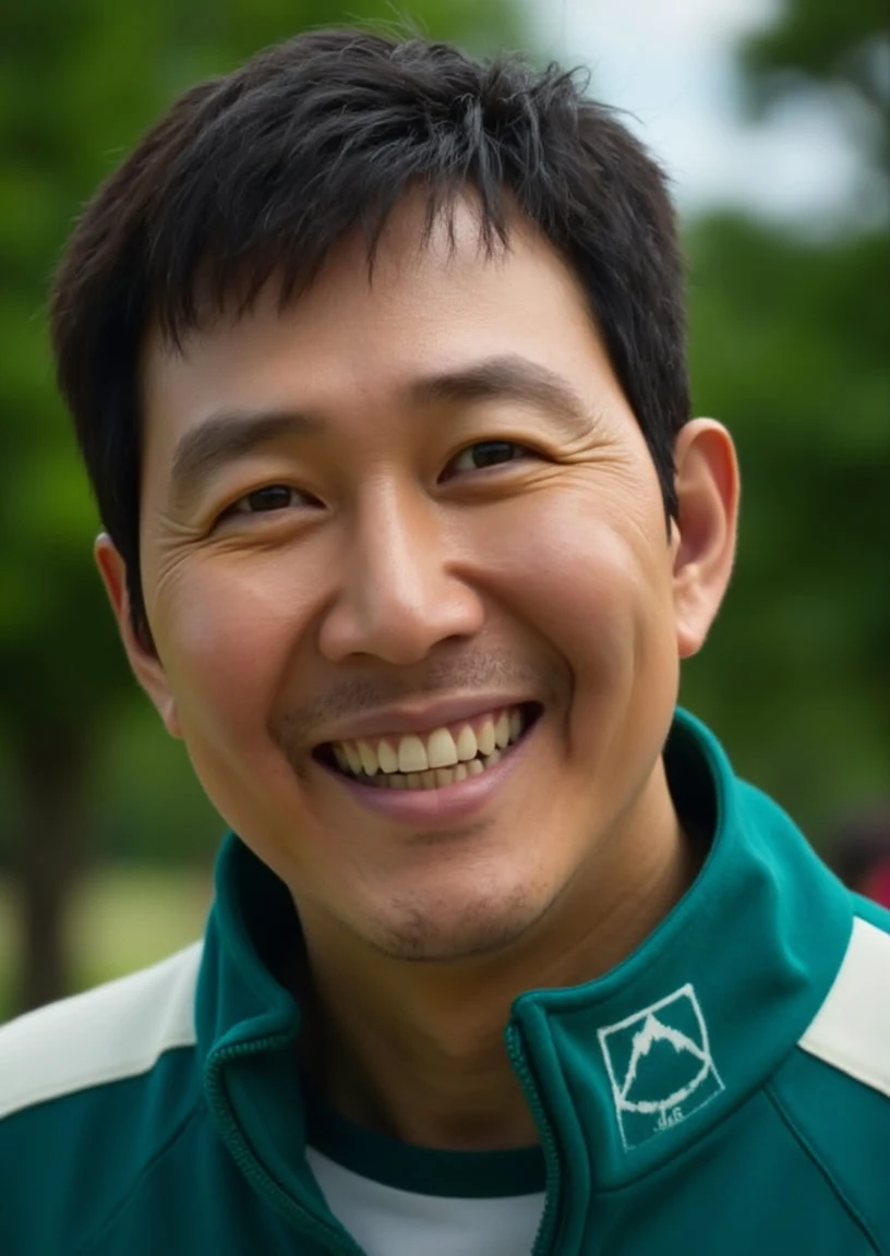 A front view photo of Player456, wearing green jacket, looks happy, smiling, bokeh, professional photo, nature background