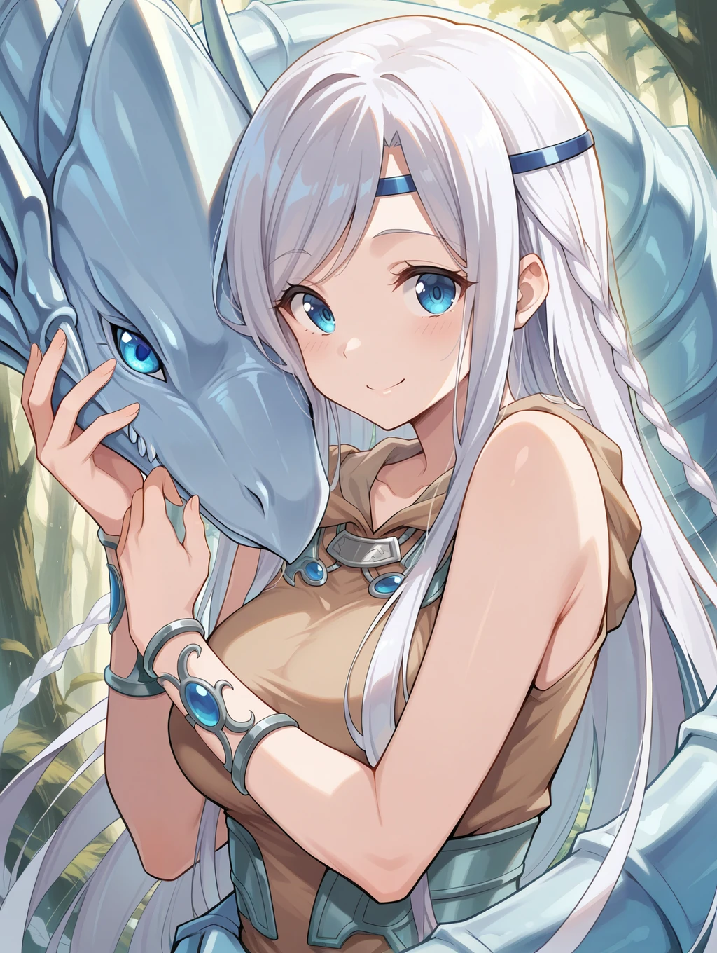 maiden with eyes of blue, 1girl, dragon, smile, looking at viewer, forest, brown dress, solo, upper body, blue eyes white dragon, hug, blue circlet, silver bracelet
masterpiece,best quality,amazing quality,very aesthetic,absurdres,newest, <lora:Maiden with Eyes of Blue illuXL v1.11:0.7>
