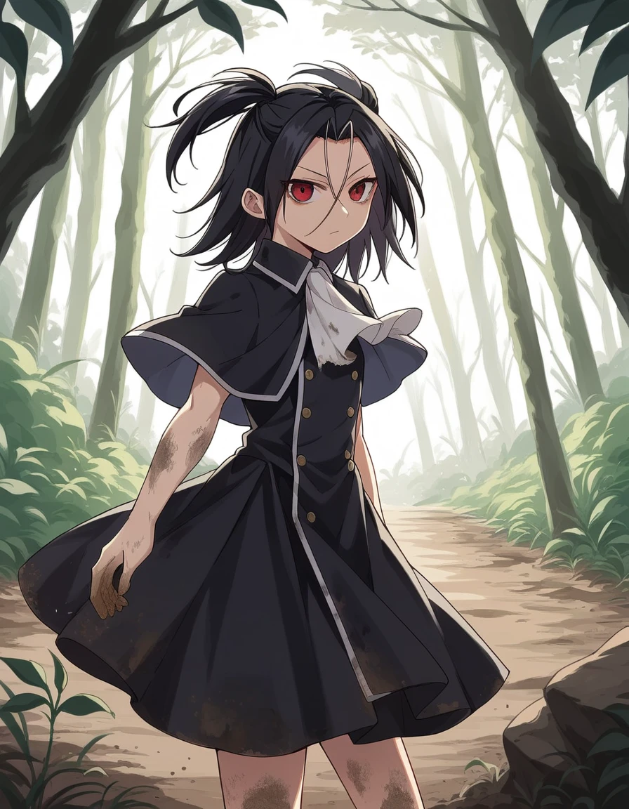 score_9, score_8_up, score_7_up, source_anime, <lora:akua-shuzen-manga-ponyxl-lora-nochekaiser:1>, akua shuzen, black hair, red eyes, medium hair, twintails, parted bangs, hair between eyes,, dress, ascot, capelet, black dress, black skirt, white ascot,, path, dirt, nature, walk, plants, , from side, looking at viewer, solo,, cowboy shot, solo