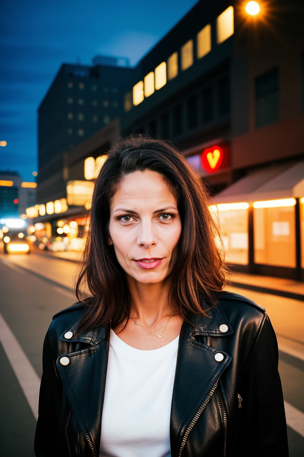 analog photo, portrait of woman, WifeCrazy, wearing leather jacket, at the city street, volumetric lighting, best quality, masterpiece, <lora:add_detail:0.8>, <lora:WifeCrazy:1>,