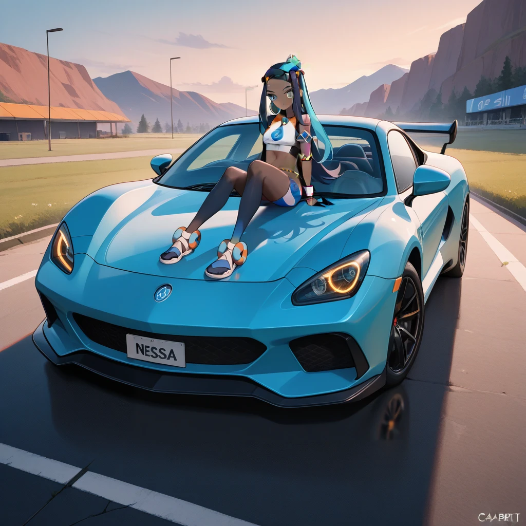 <lora:Sitting_On_Car:0.8> c4rs1t, motor vehicle, ground vehicle, sports car, sitting, 1girl, outdoors, Nessa Pokemon   , masterpiece, best quality, good quality, newest